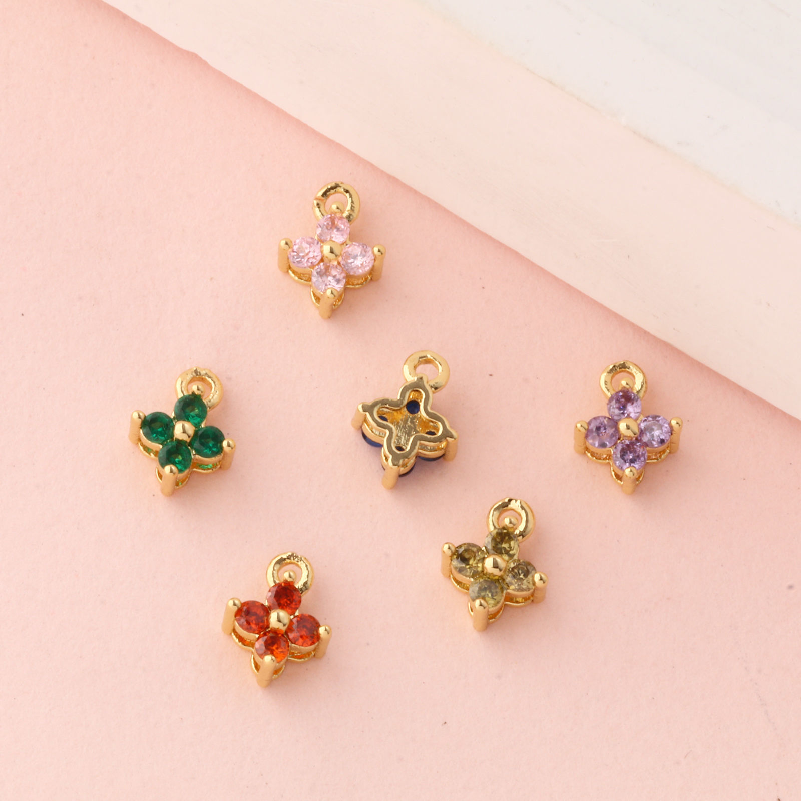 Picture of Brass & Cubic Zirconia Mini Charms 18K Gold Plated Flower Micro Pave 8mm x 6mm