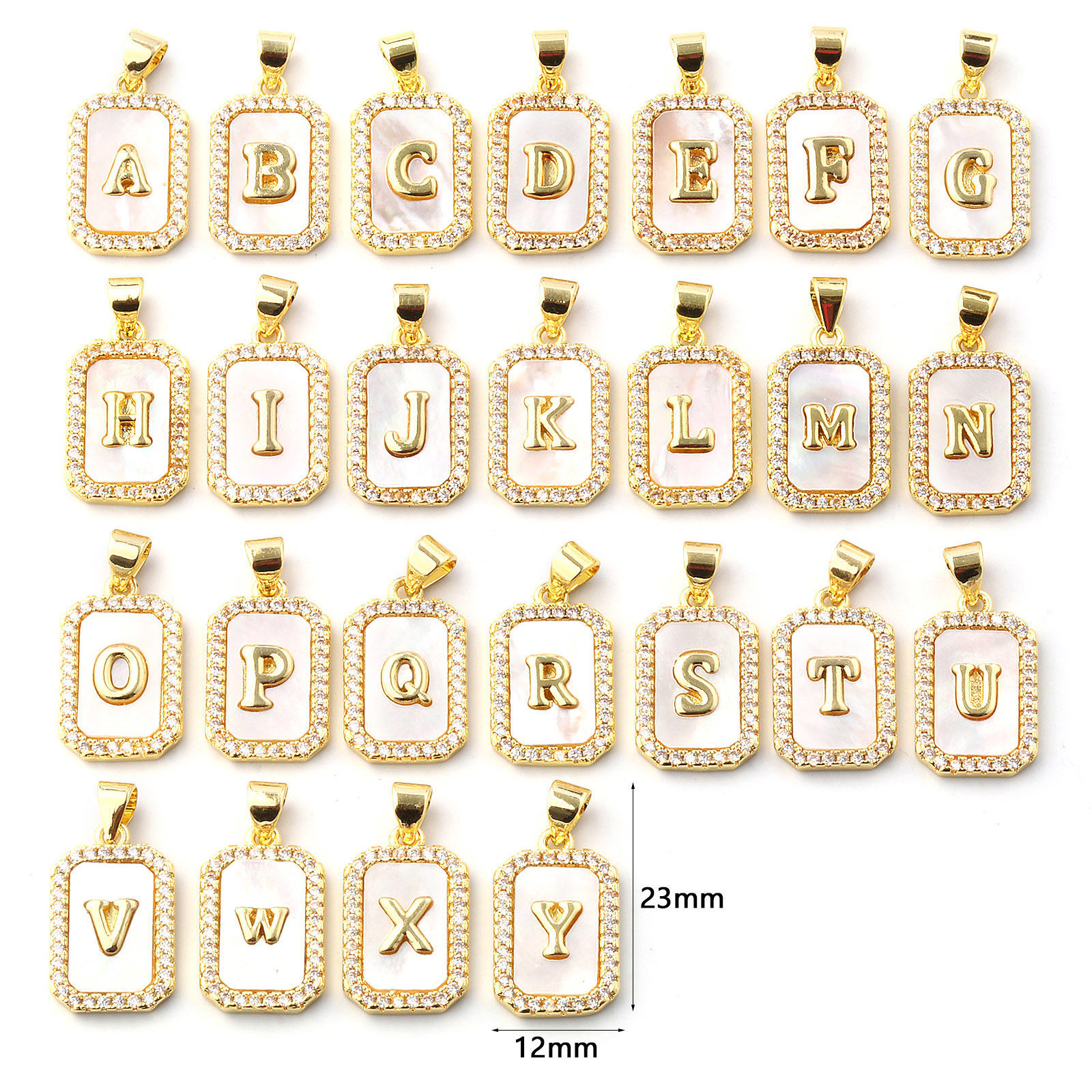 Picture of Natural Shell & Brass Charm Pendant 18K Gold Plated White Octagon Capital Alphabet Initial Letter Message " A-Z " Micro Pave Clear Cubic Zirconia 23mm x 12mm