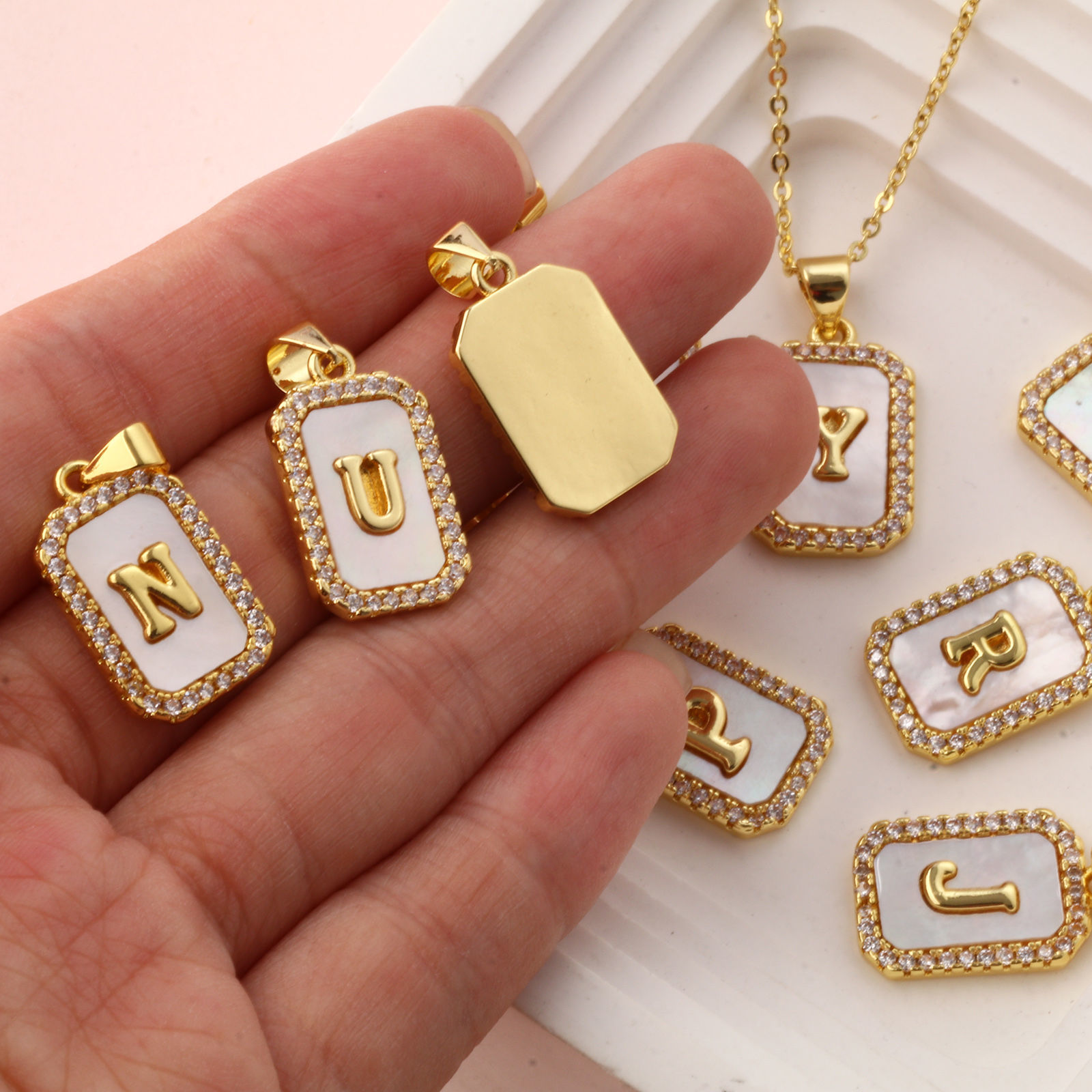 Picture of Natural Shell & Brass Charm Pendant 18K Gold Plated White Octagon Capital Alphabet Initial Letter Message " A-Z " Micro Pave Clear Cubic Zirconia 23mm x 12mm