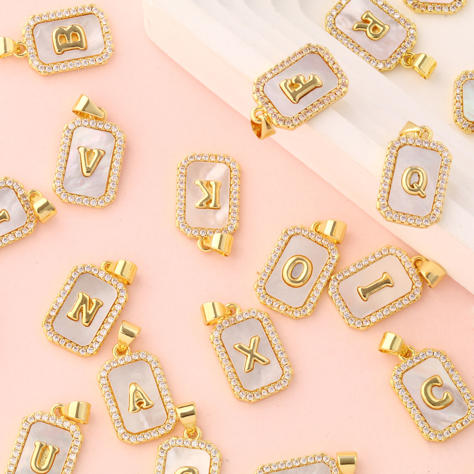 Picture of Natural Shell & Brass Charm Pendant 18K Gold Plated White Octagon Capital Alphabet Initial Letter Message " A-Z " Micro Pave Clear Cubic Zirconia 23mm x 12mm