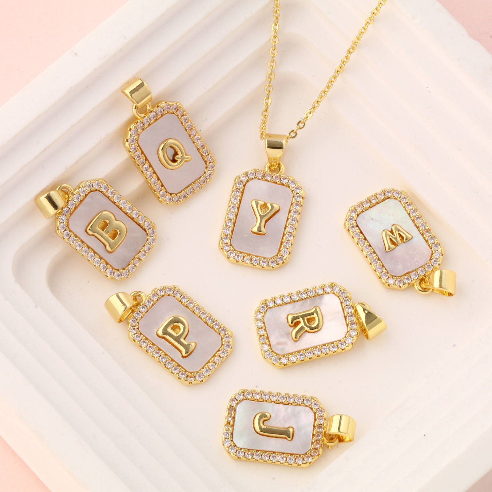 Picture of Natural Shell & Brass Charm Pendant 18K Gold Plated White Octagon Capital Alphabet Initial Letter Message " A-Z " Micro Pave Clear Cubic Zirconia 23mm x 12mm
