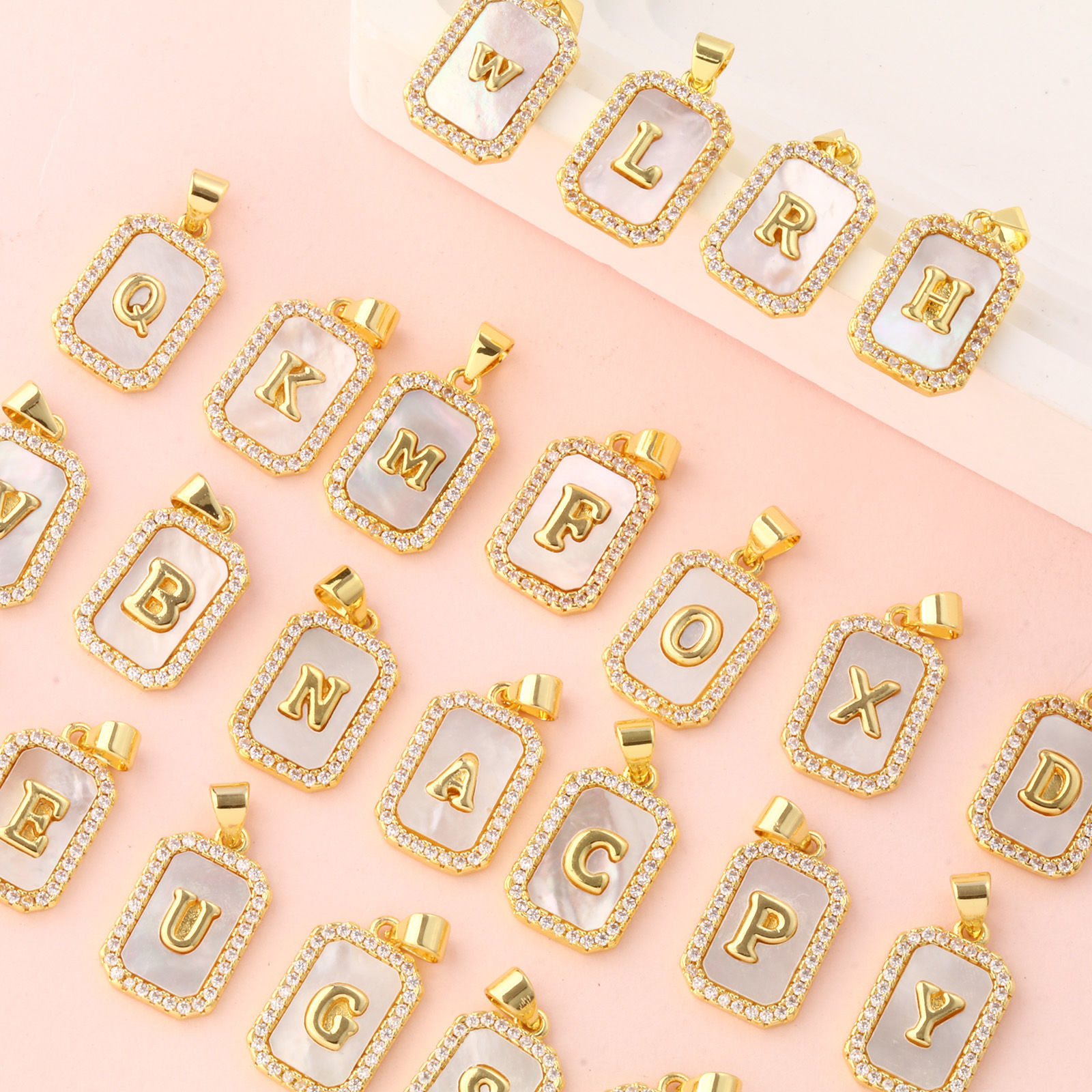 Picture of Natural Shell & Brass Charm Pendant 18K Gold Plated White Octagon Capital Alphabet Initial Letter Message " A-Z " Micro Pave Clear Cubic Zirconia 23mm x 12mm