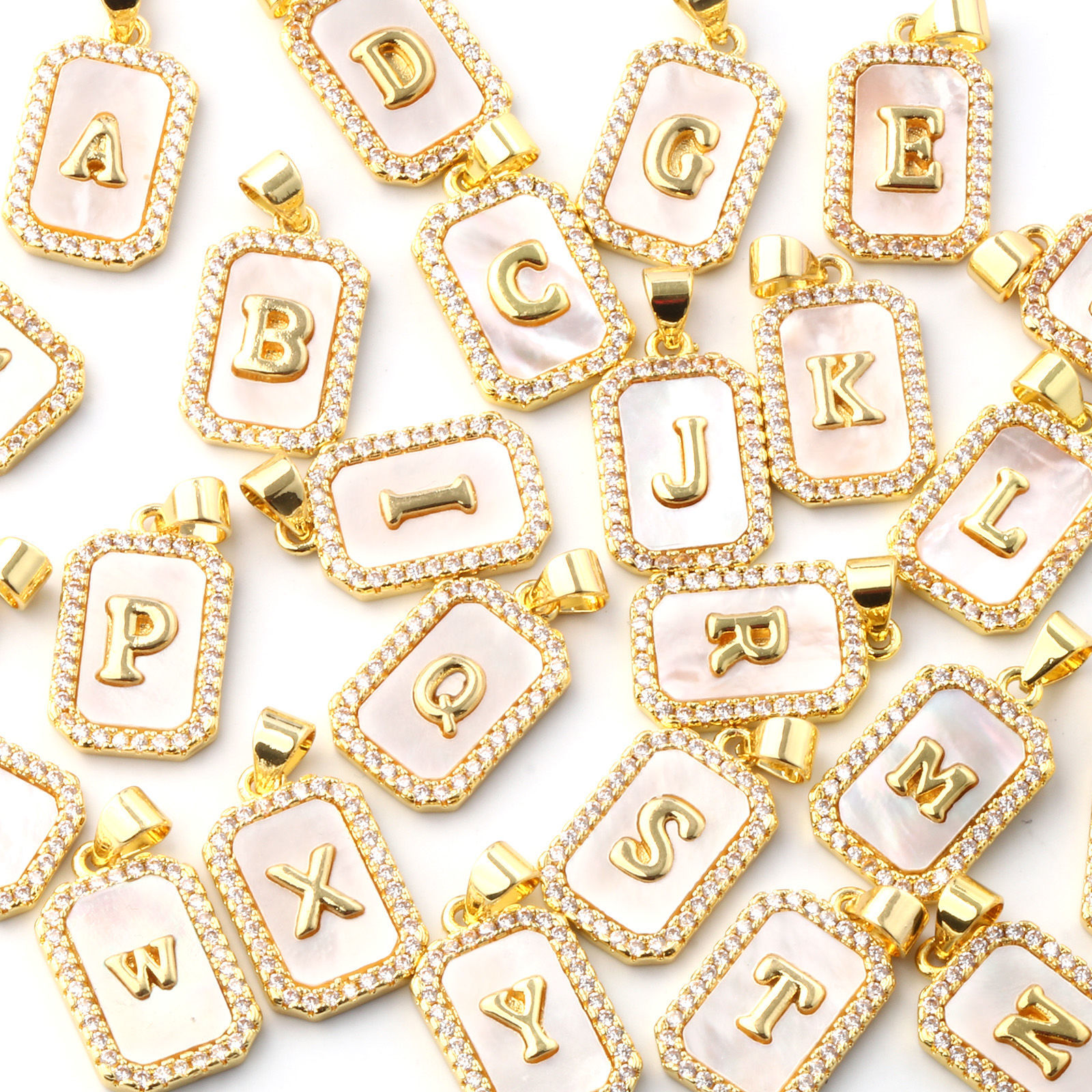 Picture of Natural Shell & Brass Charm Pendant 18K Gold Plated White Octagon Capital Alphabet Initial Letter Message " A-Z " Micro Pave Clear Cubic Zirconia 23mm x 12mm