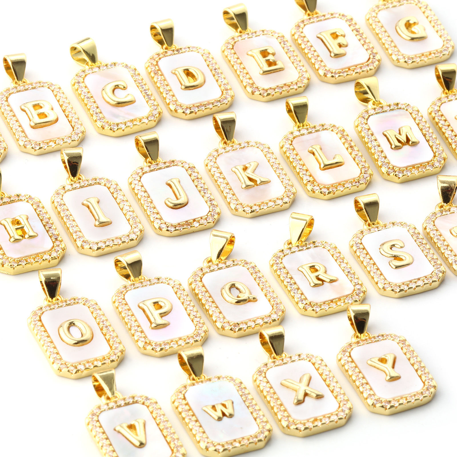 Picture of Natural Shell & Brass Charm Pendant 18K Gold Plated White Octagon Capital Alphabet Initial Letter Message " A-Z " Micro Pave Clear Cubic Zirconia 23mm x 12mm