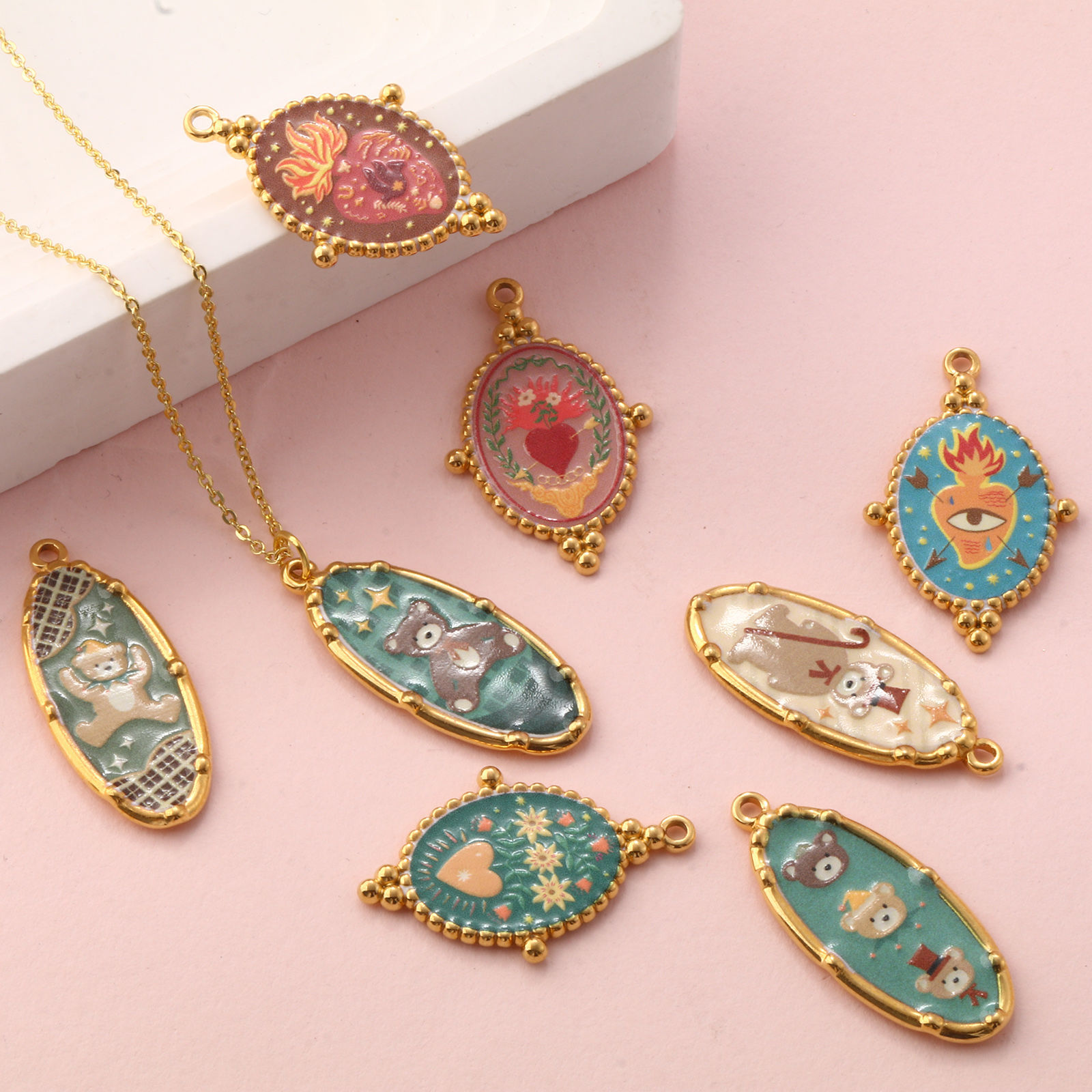 Bild von Umweltfreundliche PVD-Vakuumbeschichtung 304 Edelstahl Anhänger 18K Echtgold plattiert Bunt Bär Ex Voto Herz Gedruckt