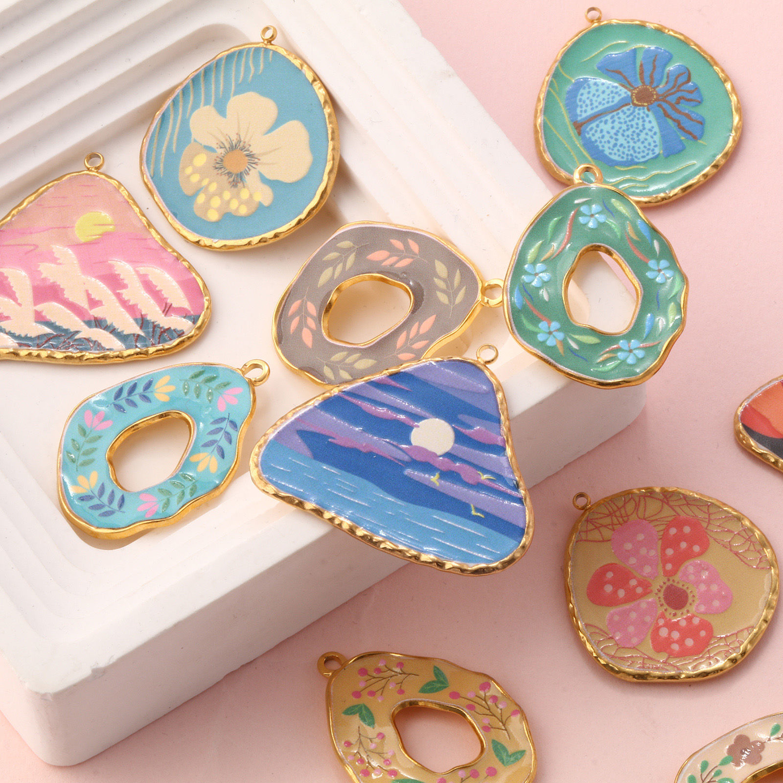 Bild von Umweltfreundliche PVD-Vakuumbeschichtung 304 Edelstahl Anhänger 18K Echtgold plattiert Bunt Blumen Naturlandschaft Gedruckt