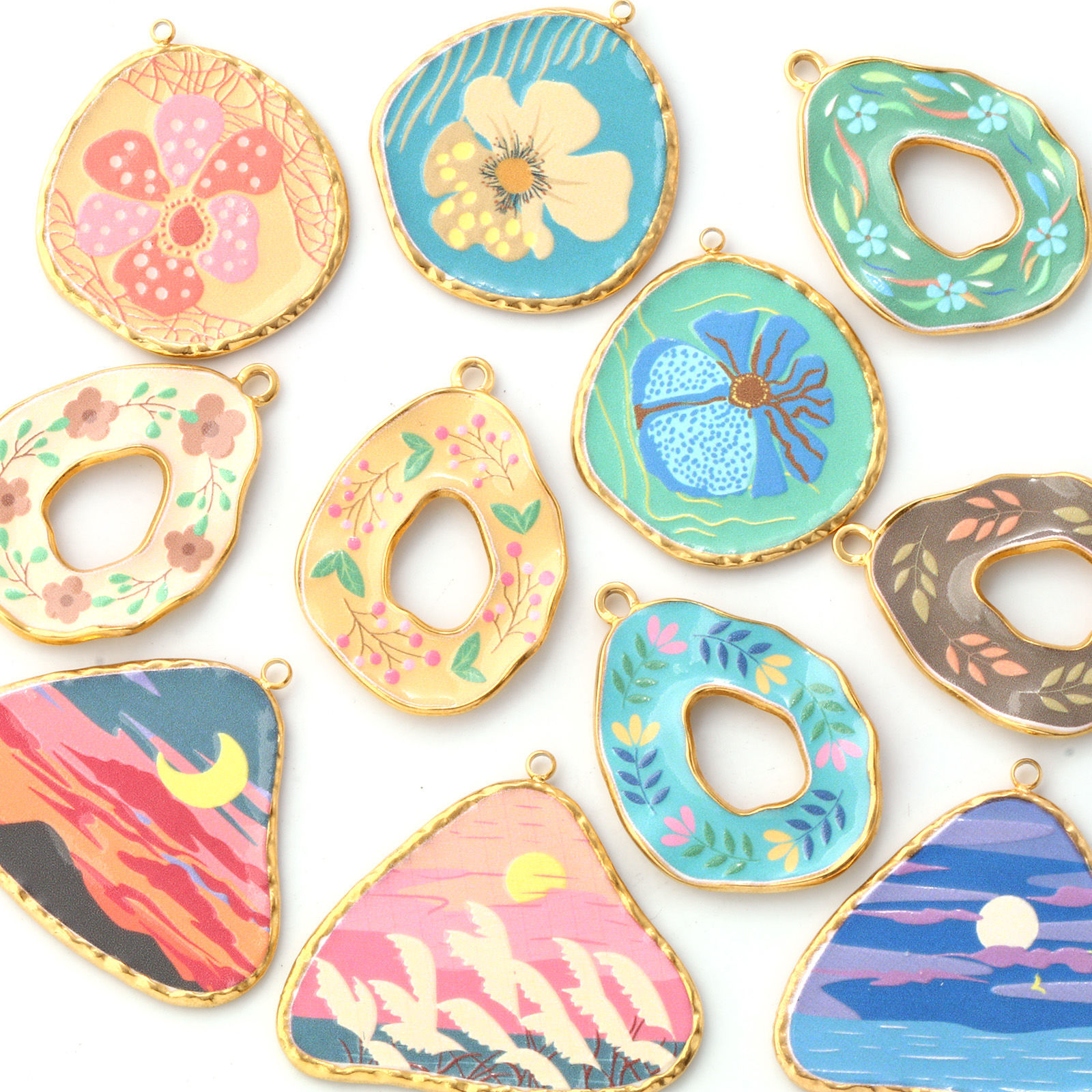 Bild von Umweltfreundliche PVD-Vakuumbeschichtung 304 Edelstahl Anhänger 18K Echtgold plattiert Bunt Blumen Naturlandschaft Gedruckt