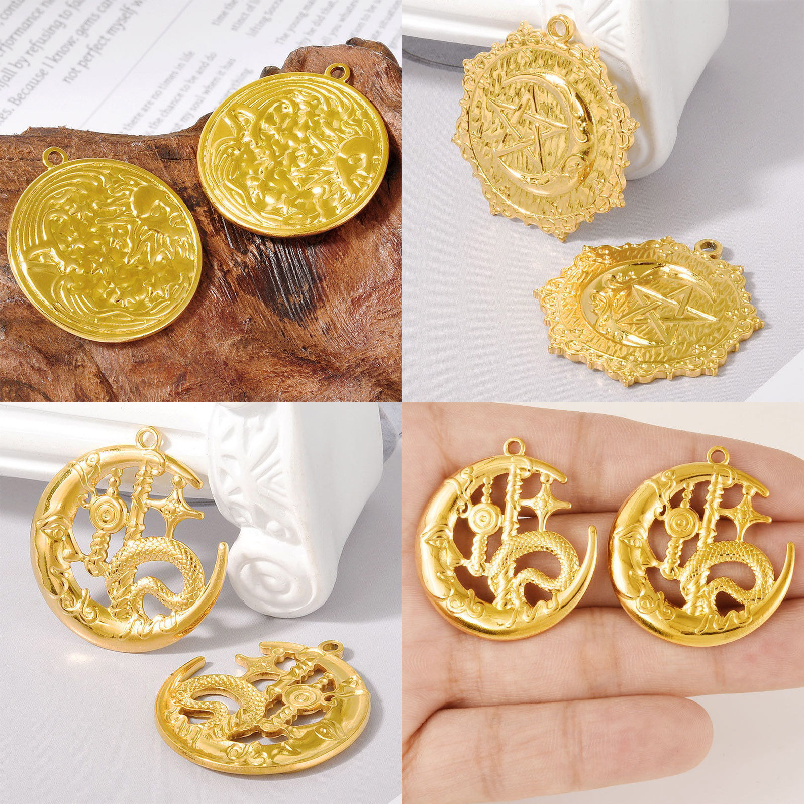 2 個 エコフレンドリー PVD真空メッキ 304ステンレス鋼 ペンダント 18Kゴールドメッキ の画像