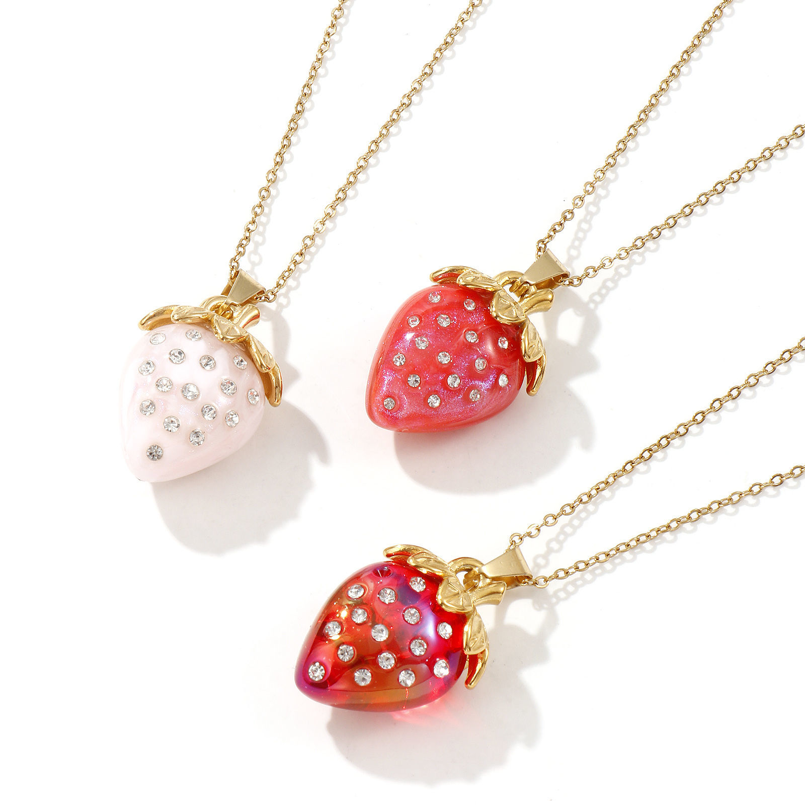 Picture of 18K Real Gold Plated Link Cable Chain Strawberry Fruit Pendant Charm Necklace, 304 Stainless Steel & Resin 45cm(17.7") + 5cm(2"), For Women, Clear Rhinestone 3D, Exquisite Sweet & Cute Gift, Eco-friendly PVD Vacuum Plating