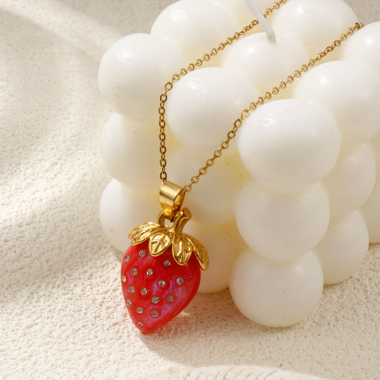 Picture of 18K Real Gold Plated Link Cable Chain Strawberry Fruit Pendant Charm Necklace, 304 Stainless Steel & Resin 45cm(17.7") + 5cm(2"), For Women, Clear Rhinestone 3D, Exquisite Sweet & Cute Gift, Eco-friendly PVD Vacuum Plating