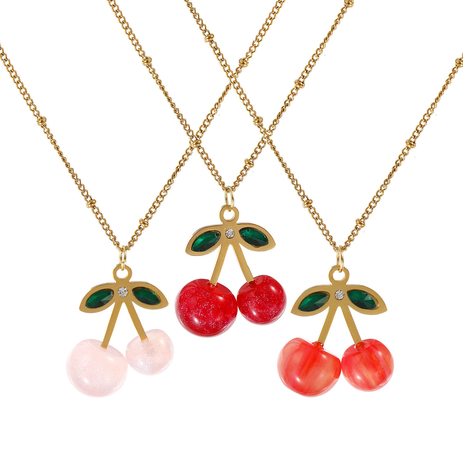 Picture of 18K Real Gold Plated Curb Link Chain Cherry Fruit Pendant Charm Necklace, 304 Stainless Steel & Resin 45cm(17.7") + 5cm(2"), For Women, Green Rhinestone 3D, Exquisite Sweet & Cute Gift, Eco-friendly PVD Vacuum Plating