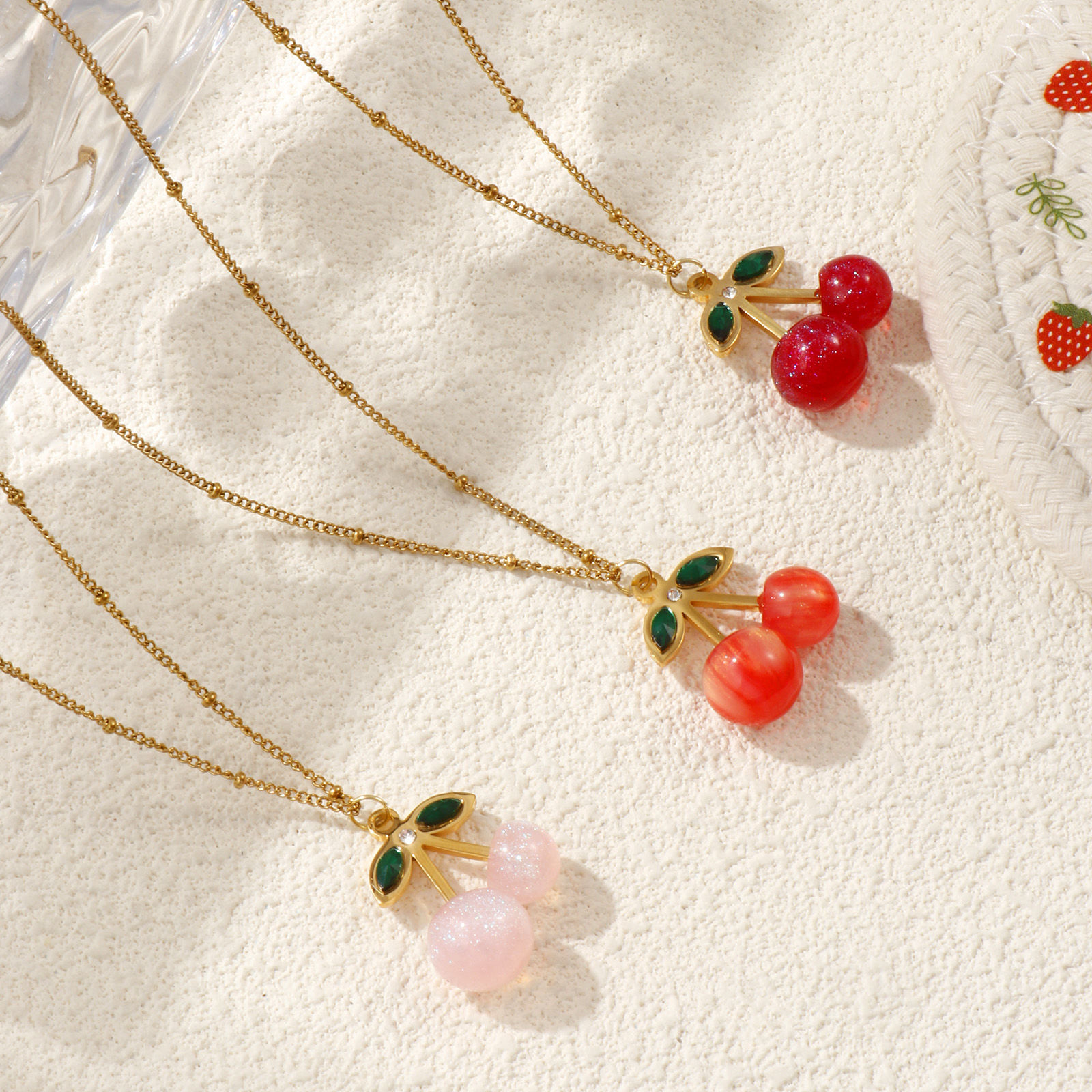 Picture of 18K Real Gold Plated Curb Link Chain Cherry Fruit Pendant Charm Necklace, 304 Stainless Steel & Resin 45cm(17.7") + 5cm(2"), For Women, Green Rhinestone 3D, Exquisite Sweet & Cute Gift, Eco-friendly PVD Vacuum Plating