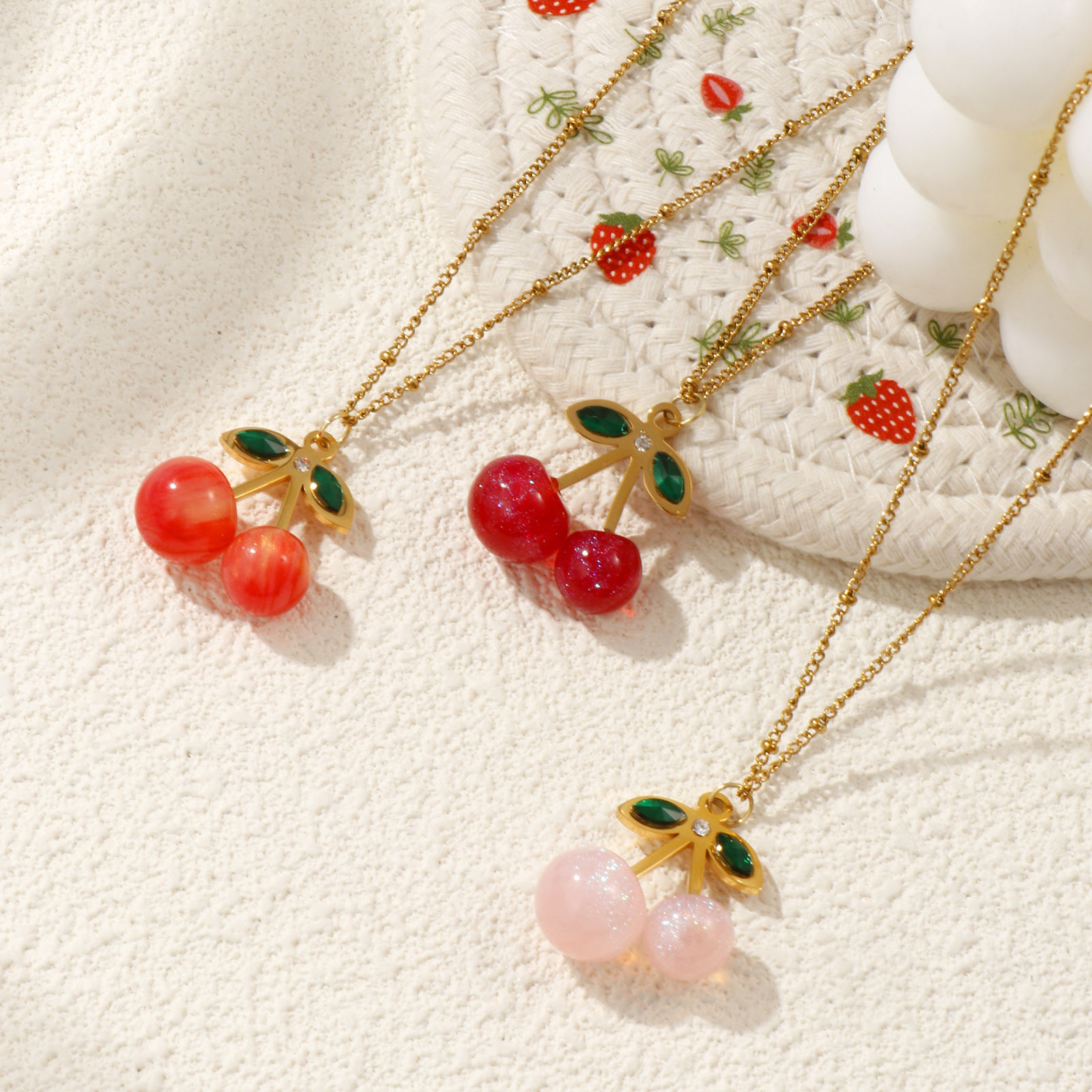 Picture of 18K Real Gold Plated Curb Link Chain Cherry Fruit Pendant Charm Necklace, 304 Stainless Steel & Resin 45cm(17.7") + 5cm(2"), For Women, Green Rhinestone 3D, Exquisite Sweet & Cute Gift, Eco-friendly PVD Vacuum Plating