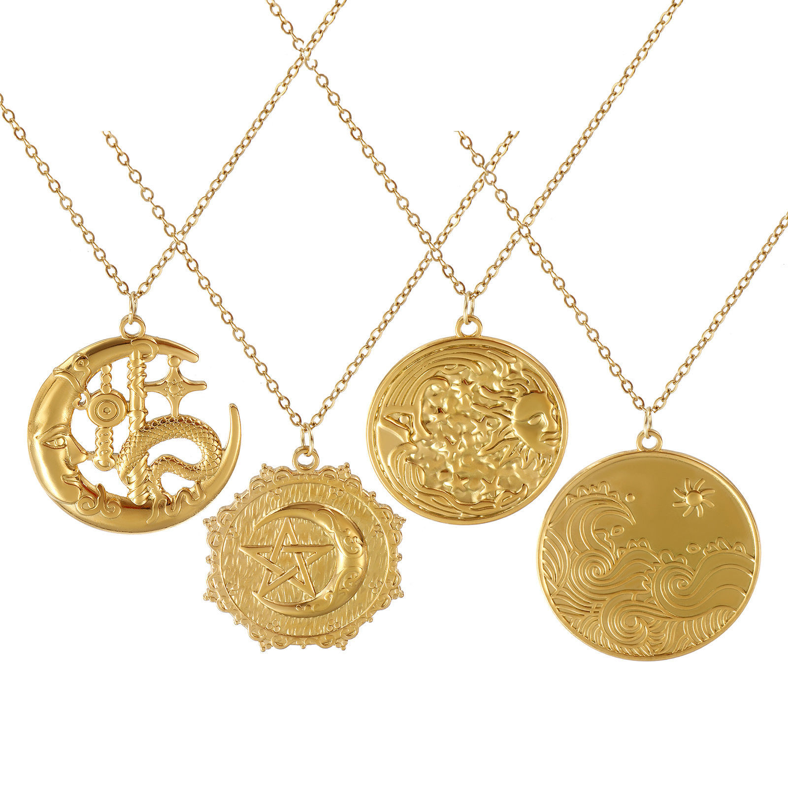 Picture of 18K Real Gold Plated Link Cable Chain Pendant Charm Necklace, 304 Stainless Steel 45cm(17.7") + 5cm(2"), For Women, Galaxy Retro Gift, Eco-friendly PVD Vacuum Plating