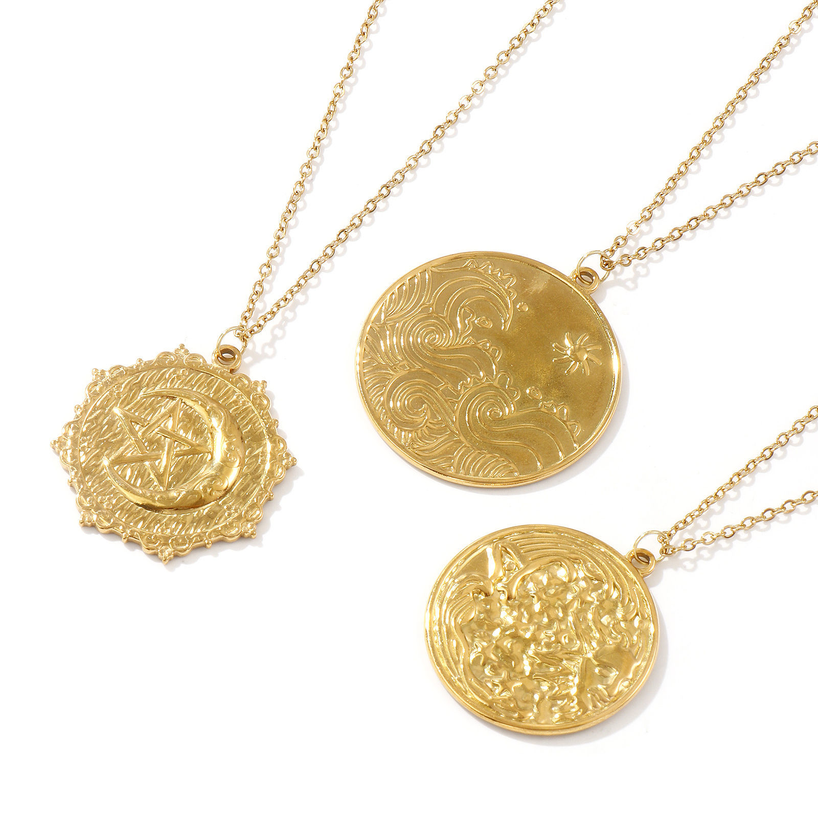 Picture of 18K Real Gold Plated Link Cable Chain Pendant Charm Necklace, 304 Stainless Steel 45cm(17.7") + 5cm(2"), For Women, Galaxy Retro Gift, Eco-friendly PVD Vacuum Plating