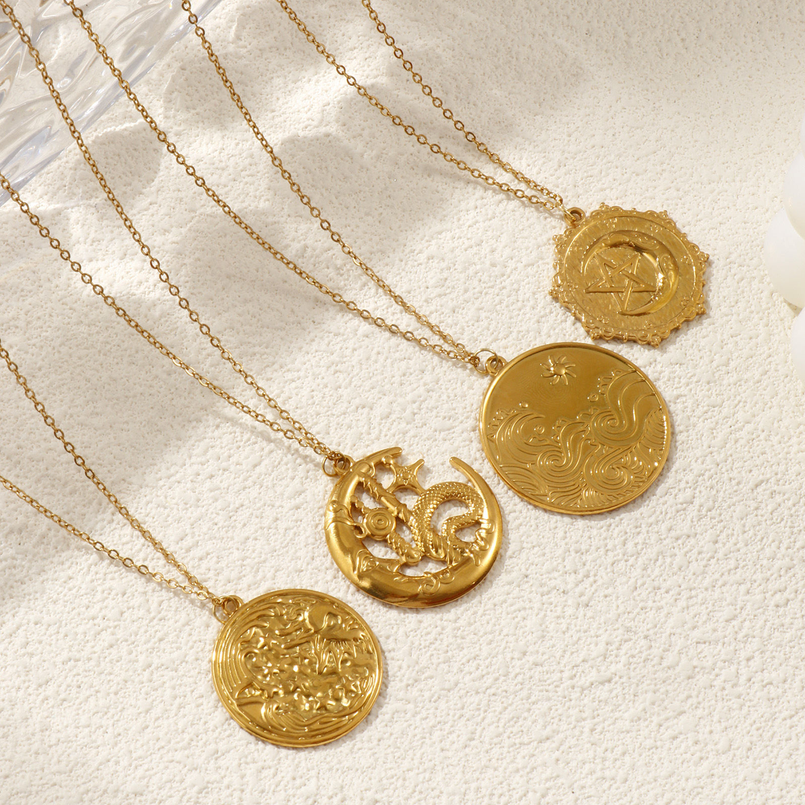 Picture of 18K Real Gold Plated Link Cable Chain Pendant Charm Necklace, 304 Stainless Steel 45cm(17.7") + 5cm(2"), For Women, Galaxy Retro Gift, Eco-friendly PVD Vacuum Plating