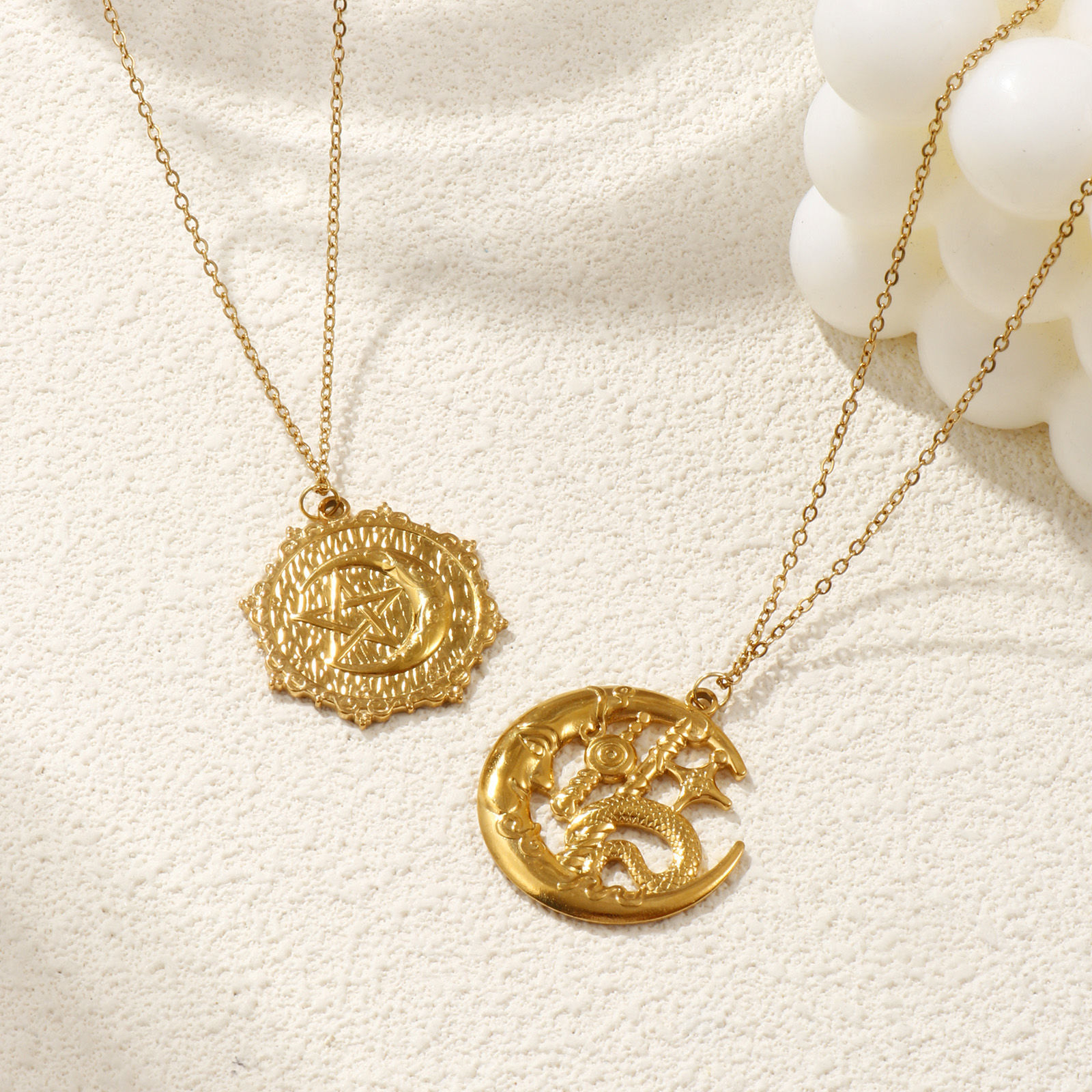 Picture of 18K Real Gold Plated Link Cable Chain Pendant Charm Necklace, 304 Stainless Steel 45cm(17.7") + 5cm(2"), For Women, Galaxy Retro Gift, Eco-friendly PVD Vacuum Plating