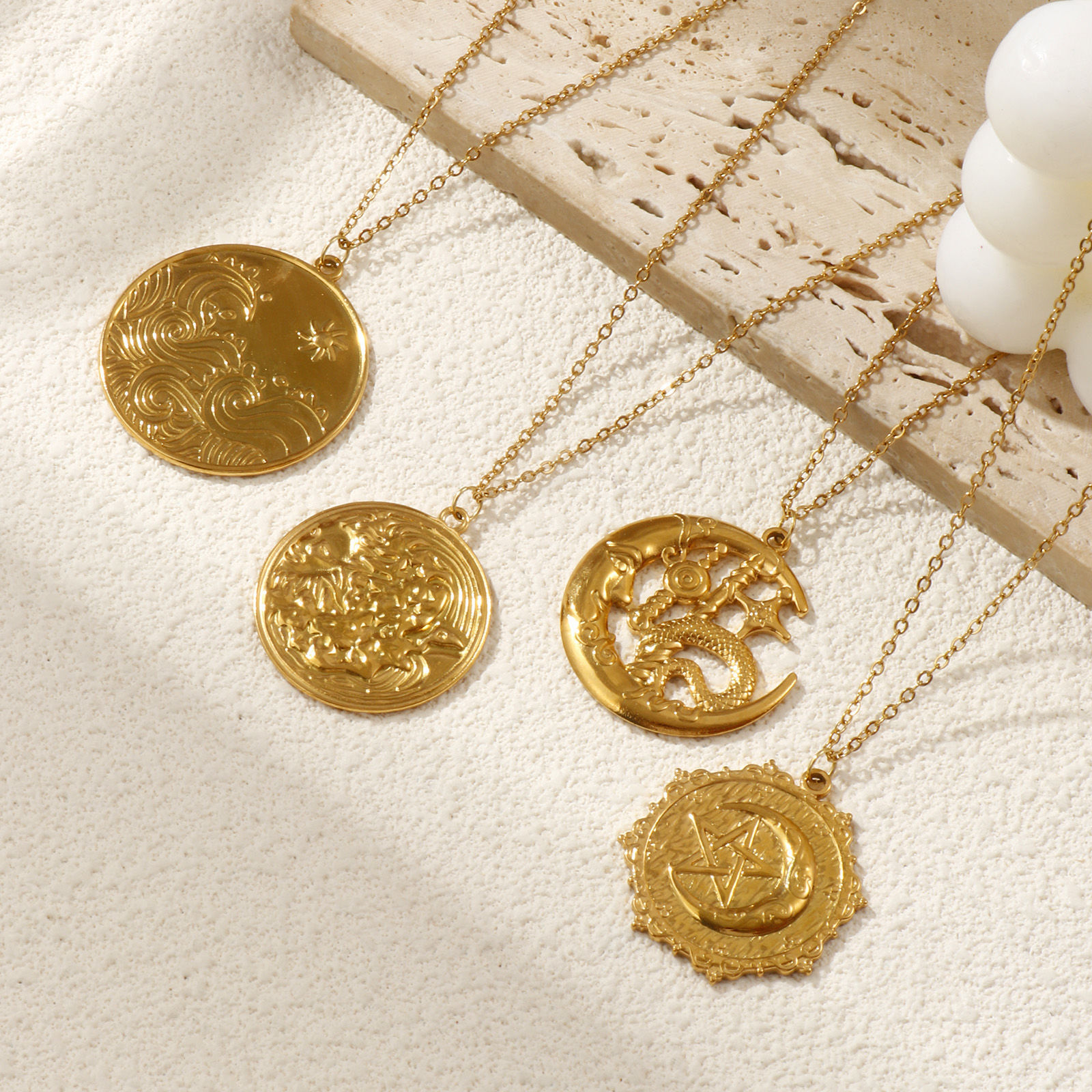 Picture of 18K Real Gold Plated Link Cable Chain Pendant Charm Necklace, 304 Stainless Steel 45cm(17.7") + 5cm(2"), For Women, Galaxy Retro Gift, Eco-friendly PVD Vacuum Plating