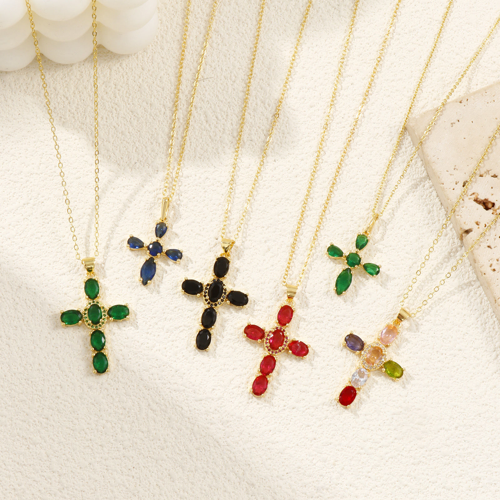 Bild von 18K Echtgold plattiert Kreuz Gliederketten Kreuz Anhänger Halskette, Messing + Kubisch Zirkonia 46cm + 6cm, Für Frauen, Micro Pave, Retro Religiös Geschenk, Umweltfreundlich