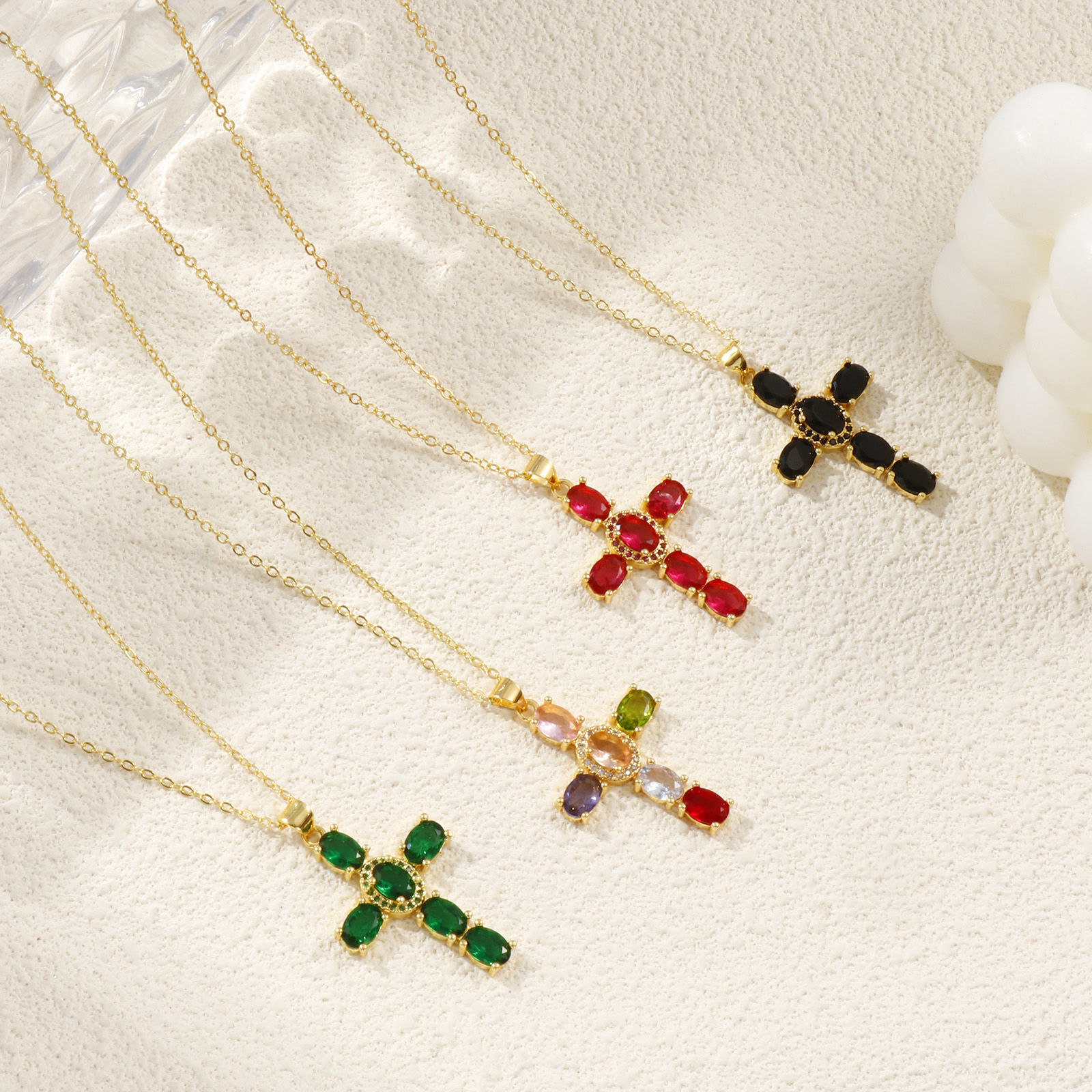 Bild von 18K Echtgold plattiert Kreuz Gliederketten Kreuz Anhänger Halskette, Messing + Kubisch Zirkonia 46cm + 6cm, Für Frauen, Micro Pave, Retro Religiös Geschenk, Umweltfreundlich