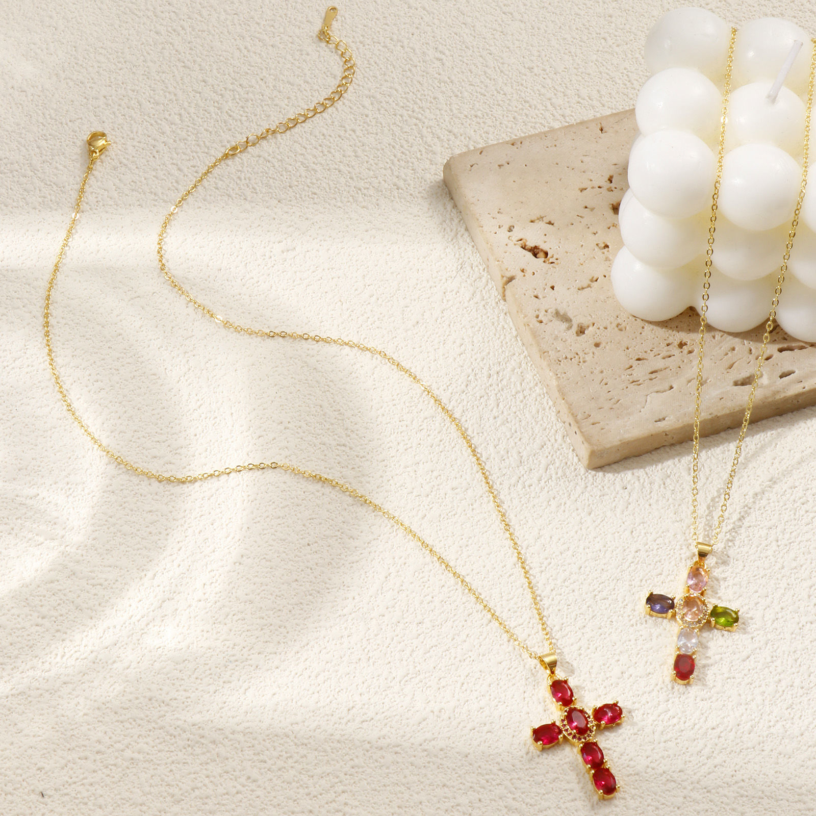 Bild von 18K Echtgold plattiert Kreuz Gliederketten Kreuz Anhänger Halskette, Messing + Kubisch Zirkonia 46cm + 6cm, Für Frauen, Micro Pave, Retro Religiös Geschenk, Umweltfreundlich