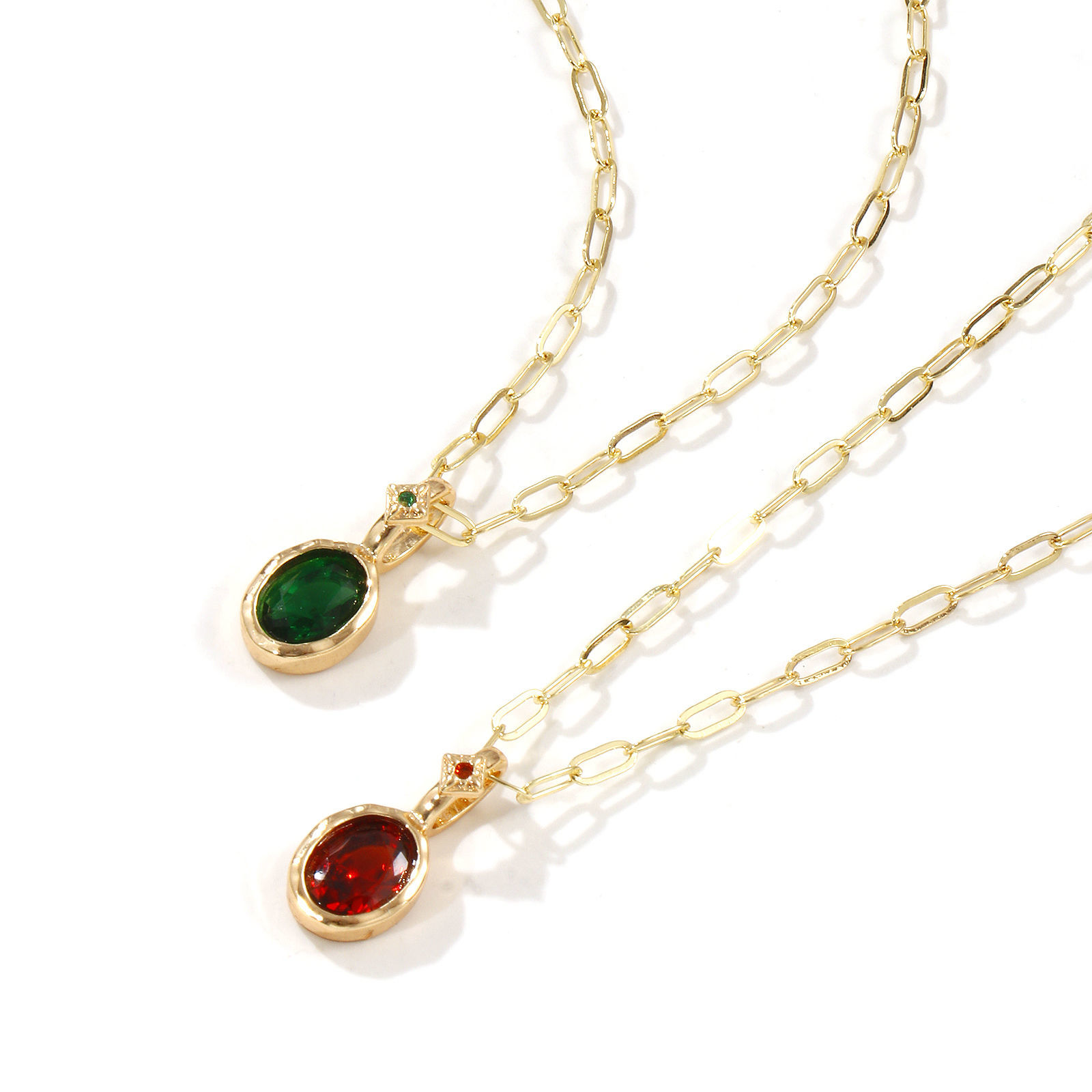 Picture of 18K Real Gold Plated Paperclip Link Chain Oval Pendant Charm Necklace, Brass & Cubic Zirconia 45cm(17.7") + 5cm(2"), For Women, Dainty Birthstone Gift, Eco-friendly, 1 Piece