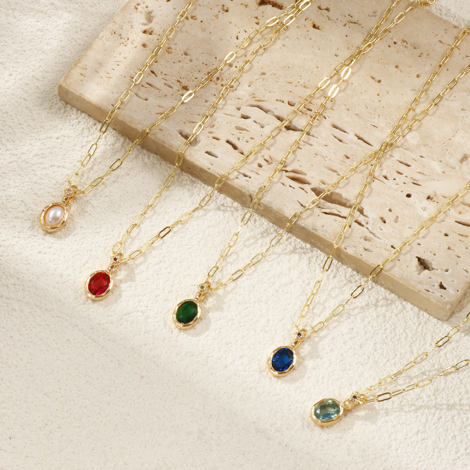 Picture of 18K Real Gold Plated Paperclip Link Chain Oval Pendant Charm Necklace, Brass & Cubic Zirconia 45cm(17.7") + 5cm(2"), For Women, Dainty Birthstone Gift, Eco-friendly, 1 Piece