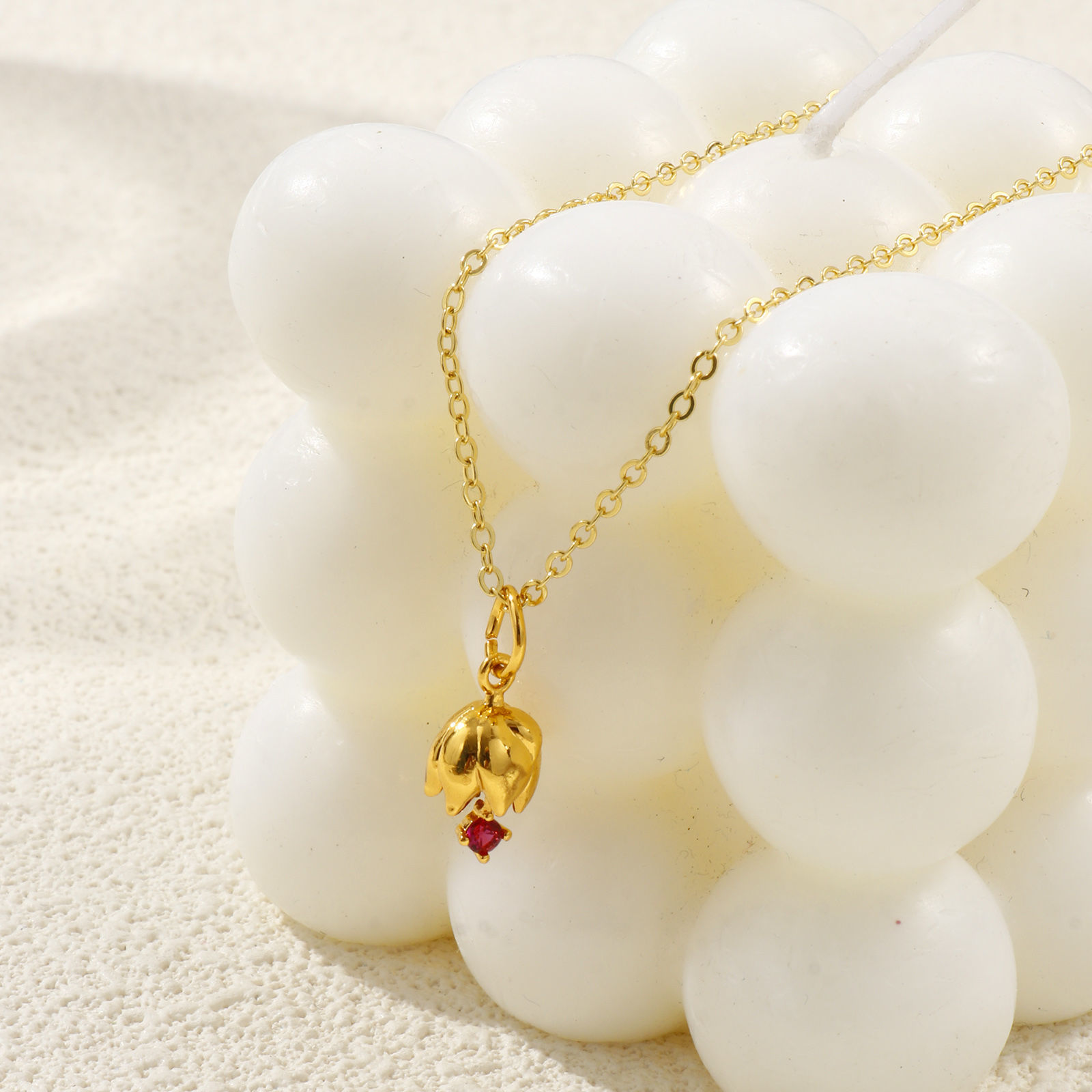 Picture of 18K Real Gold Plated Link Cable Chain Flower Pendant Charm Necklace, Brass & Cubic Zirconia 46cm(18.1") + 6cm(2.4"), For Women, Birthstone Elegant Gift, Eco-friendly