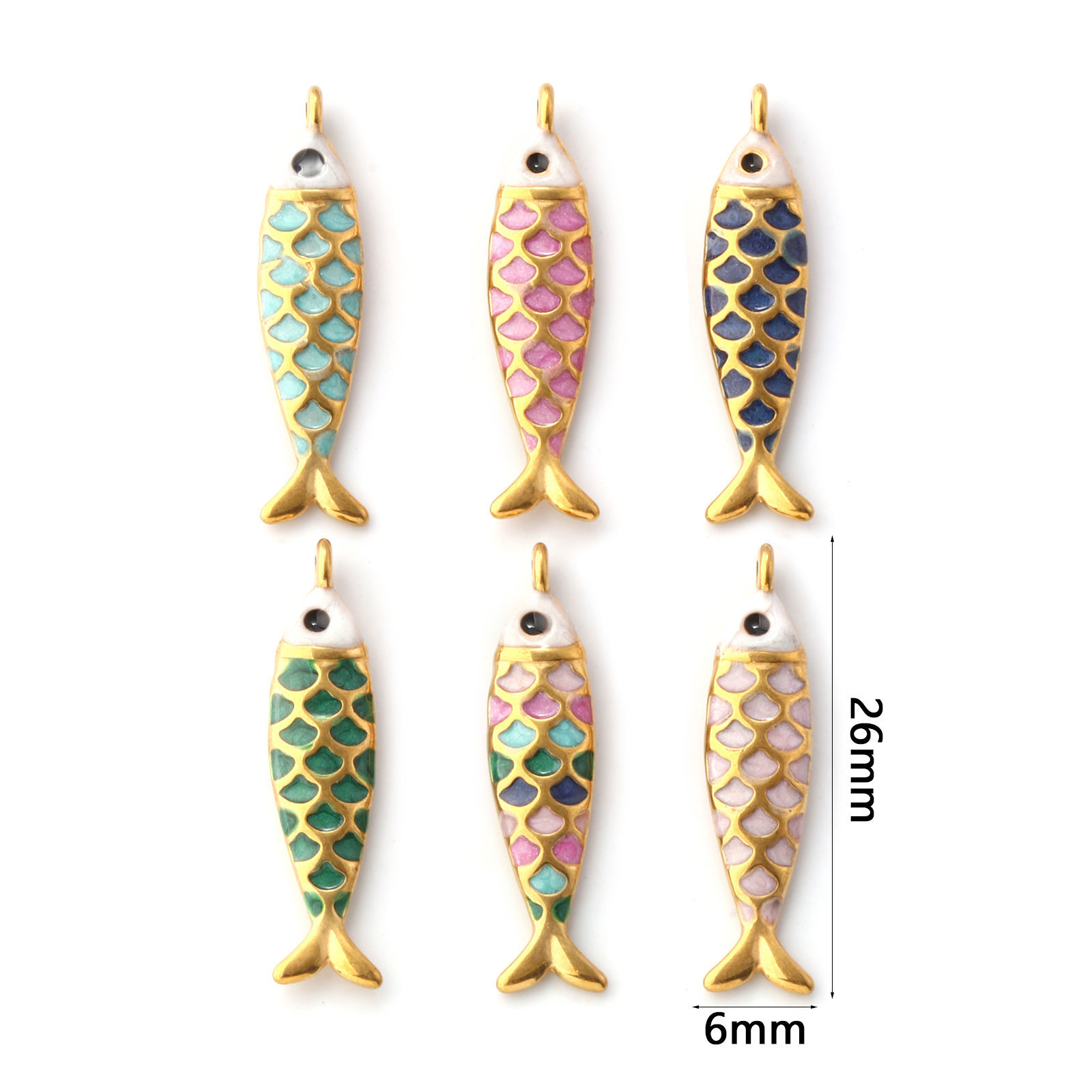 Picture of Eco-friendly PVD Vacuum Plating 304 Stainless Steel Ocean Jewelry Charms 18K Gold Plated Enamel Fish Animal Pearlized 26mm x 6mm