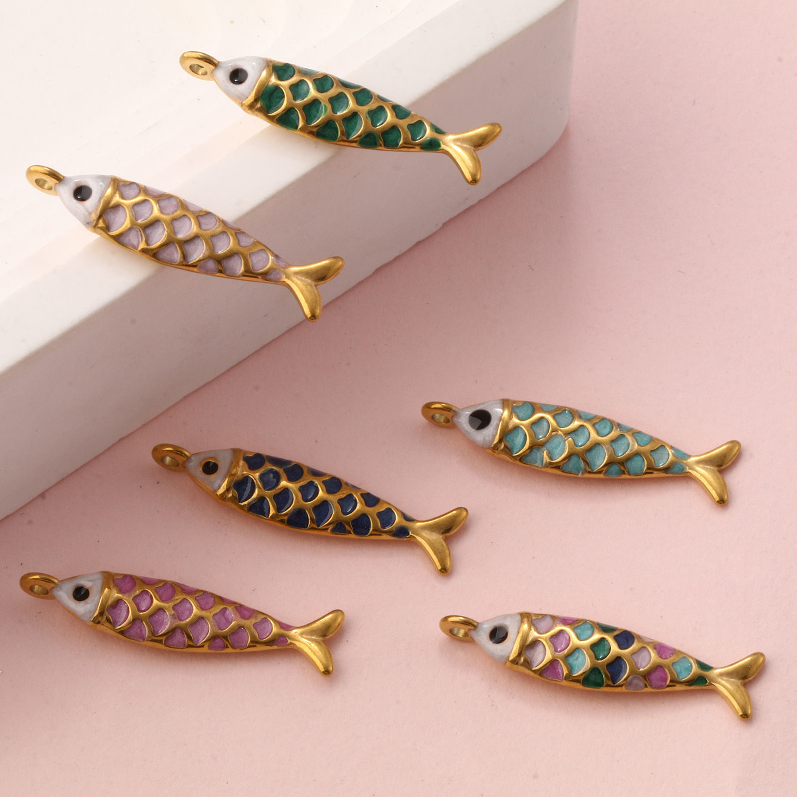 Picture of Eco-friendly PVD Vacuum Plating 304 Stainless Steel Ocean Jewelry Charms 18K Gold Plated Enamel Fish Animal Pearlized 26mm x 6mm