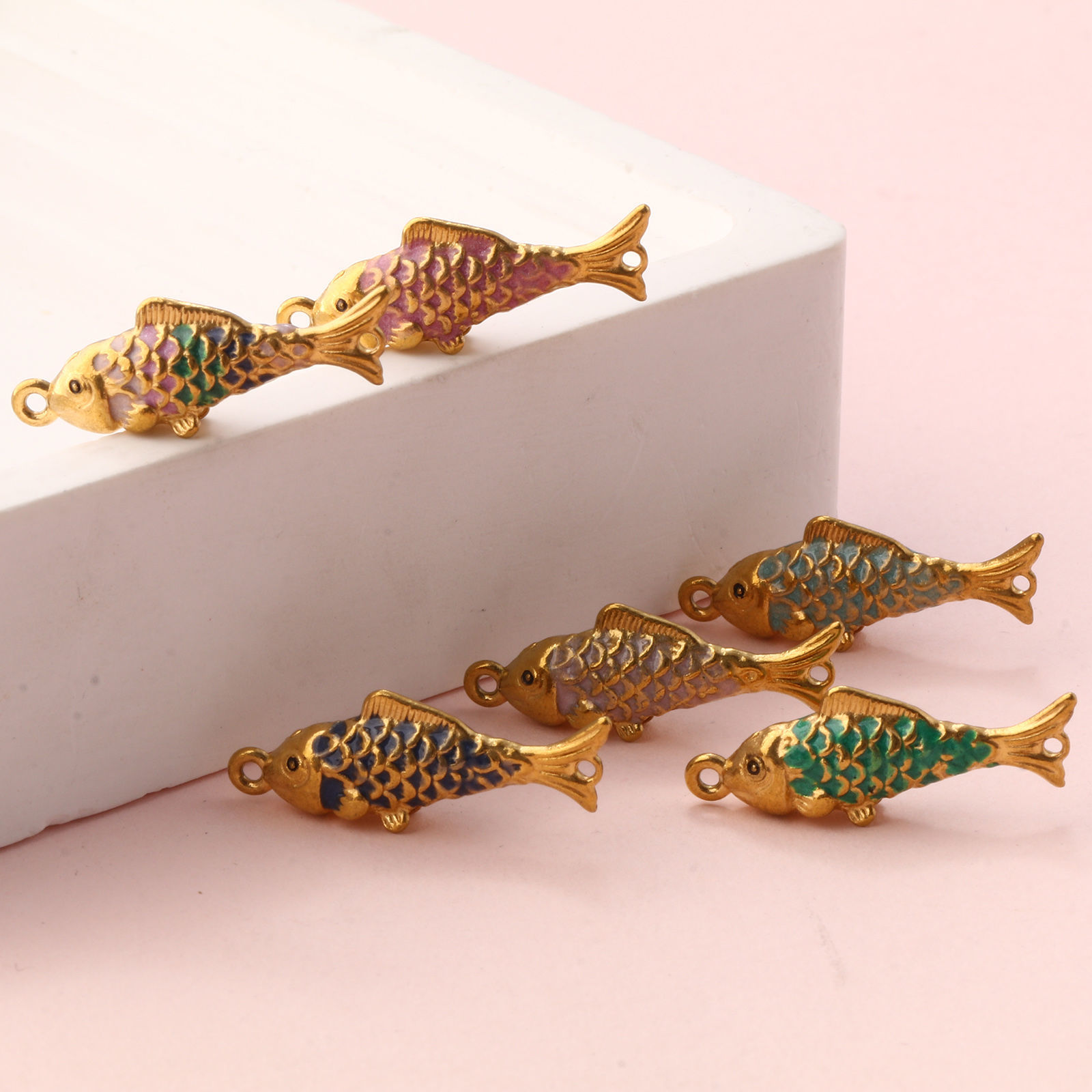 Picture of Eco-friendly PVD Vacuum Plating 304 Stainless Steel Ocean Jewelry Connectors Charms Pendants 18K Gold Plated Enamel Fish Animal Pearlized