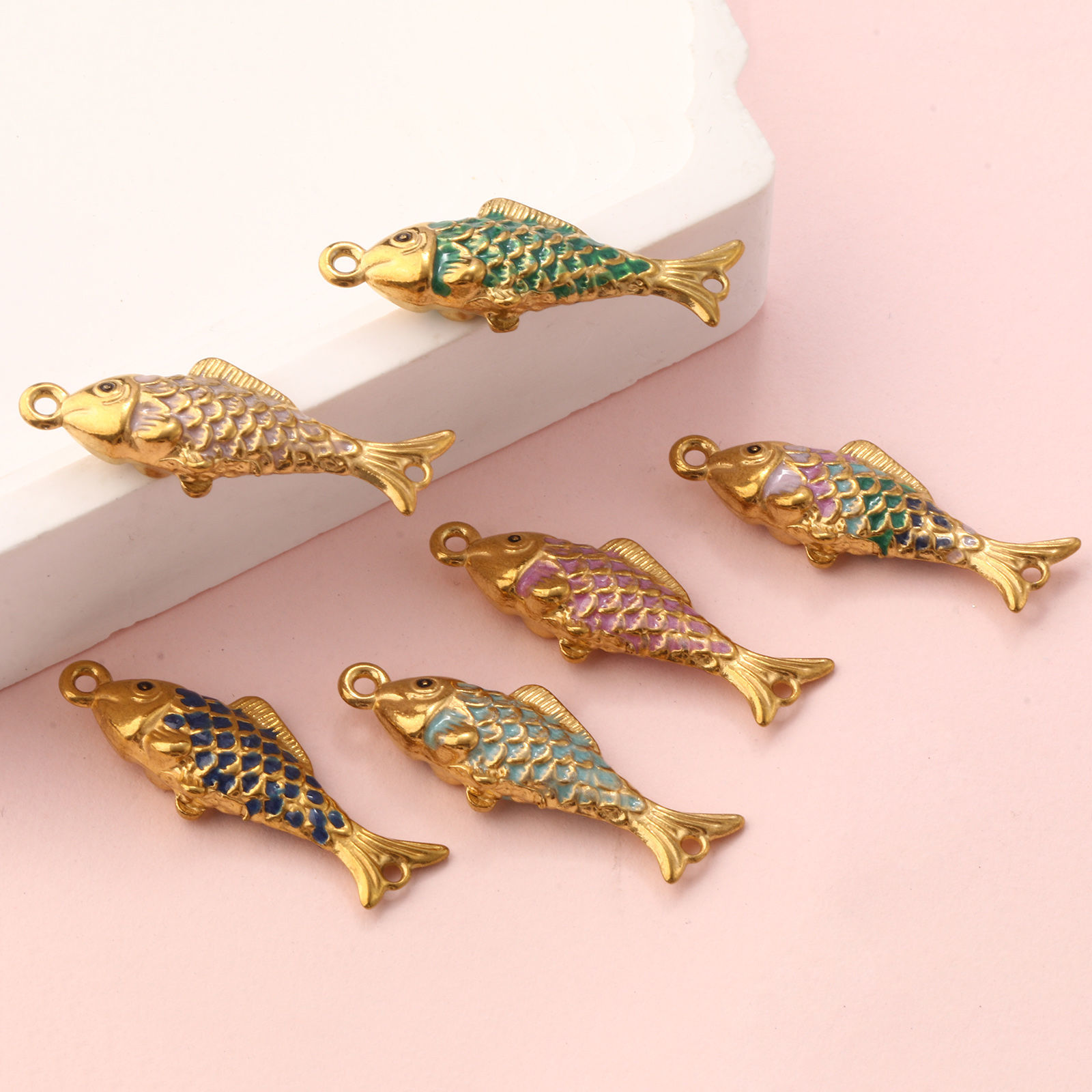 Picture of Eco-friendly PVD Vacuum Plating 304 Stainless Steel Ocean Jewelry Connectors Charms Pendants 18K Gold Plated Enamel Fish Animal Pearlized 3.8cm x 1.3cm