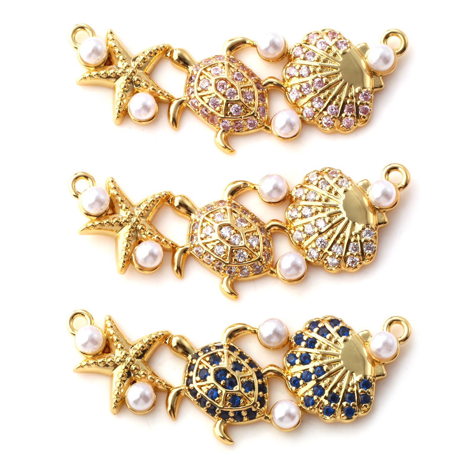 Изображение 1 ШТ Латунь+ Искусственный Циркон Морские Украшения Соединители Подвески Подвески 18K позолоченный Белый Перламутр Морская Звезда С Исскуственными Жемчугами 3.5см x 1.4см