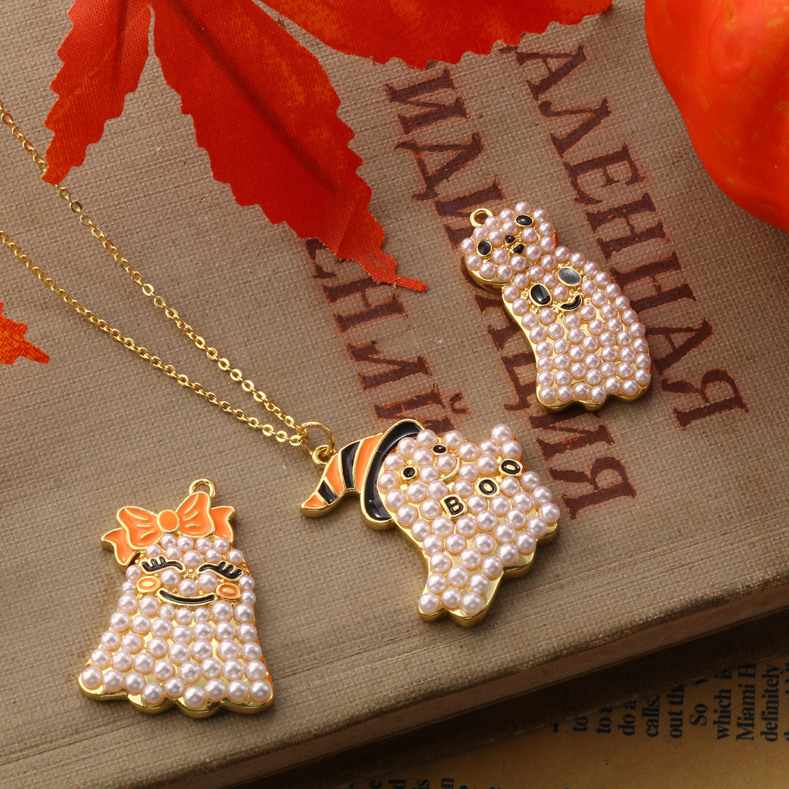 Picture of Brass Pendants 18K Gold Plated Halloween Ghost Acrylic Imitation Pearl