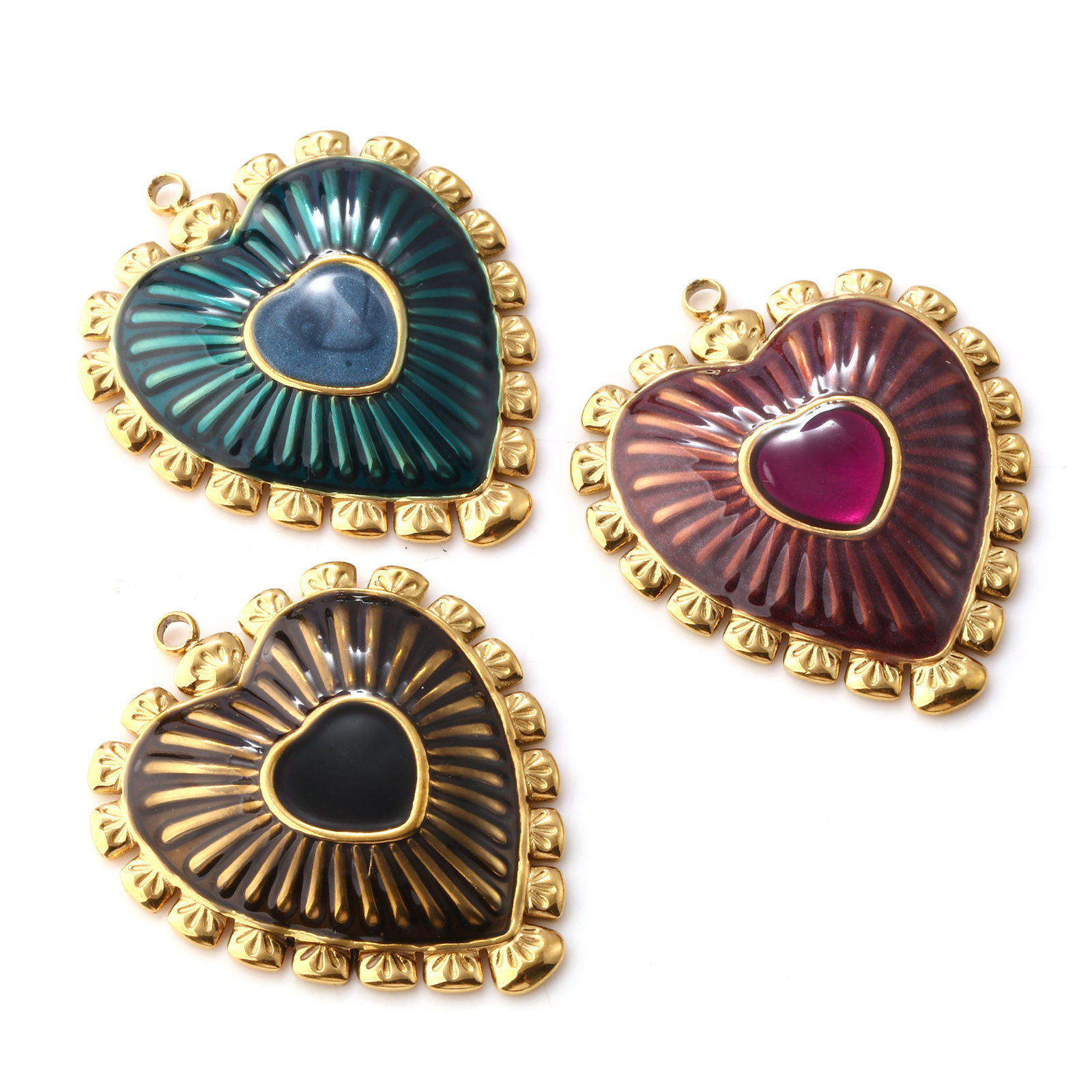 Изображение 1 ШТ Экологичное вакуумное PVD-покрытие 304 Нержавеющая Сталь День святого Валентина Подвески 18K настоящее золото с покрытием С Эмалью Сердце 3.4см x 2.9см