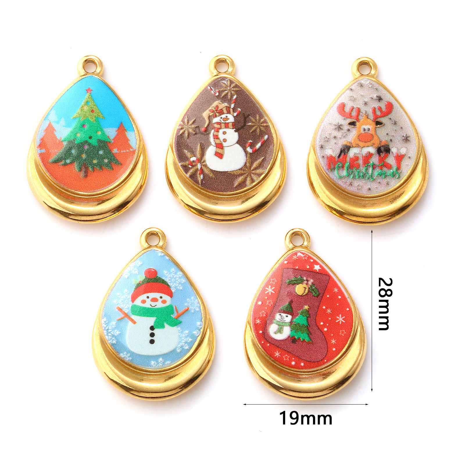 2 個 エコフレンドリー PVD真空メッキ 304ステンレス鋼 クリスマス チャーム 18Kリアルゴールドメッキ 多色 滴 ドロップ 印刷された 28mm x 19mm、 の画像