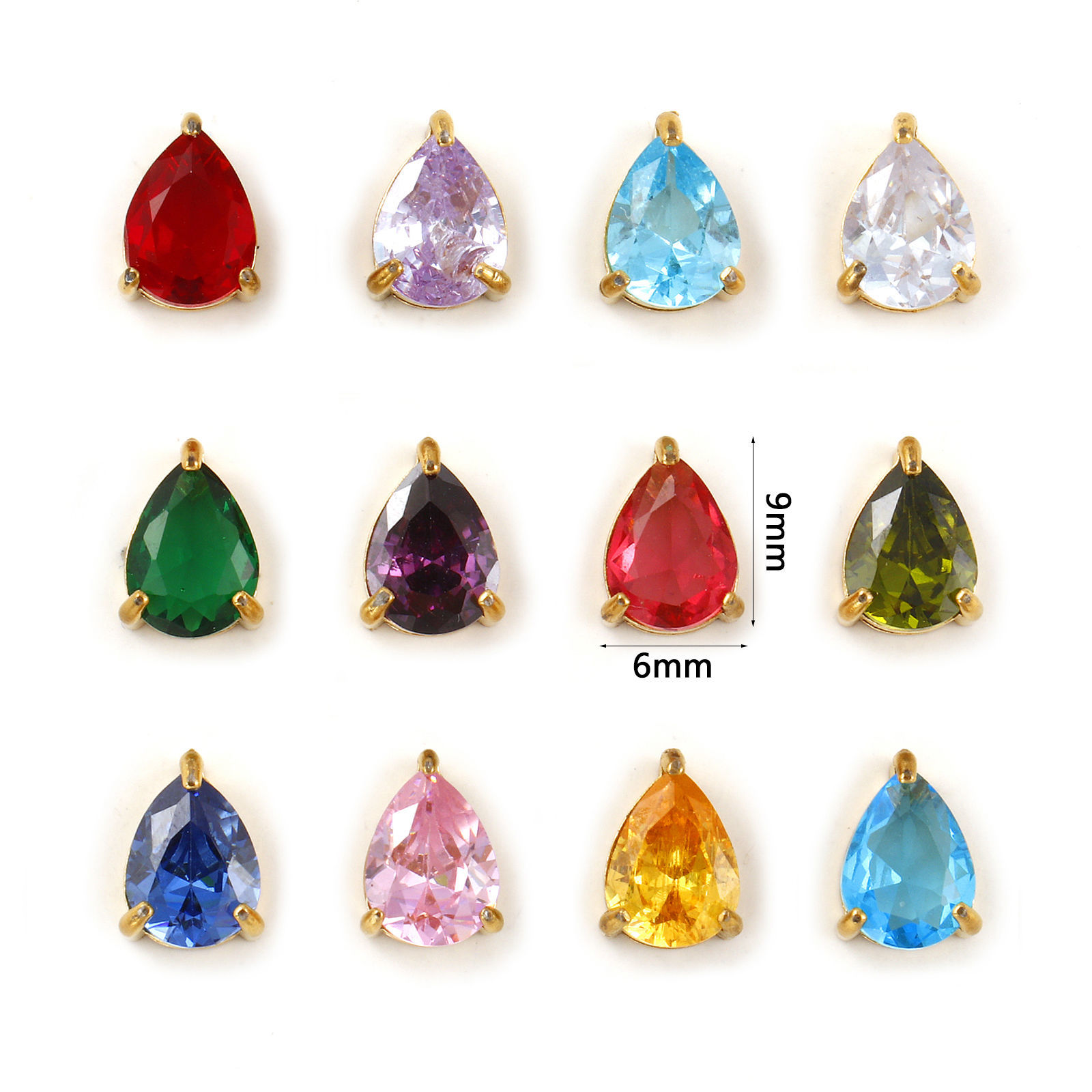 1 個 エコフレンドリー PVD真空メッキ 304ステンレス＆ジルコン 誕生石 チャーム 18Kリアルゴールドメッキ 滴 ドロップ ミニ 9mm x 6mm、 の画像