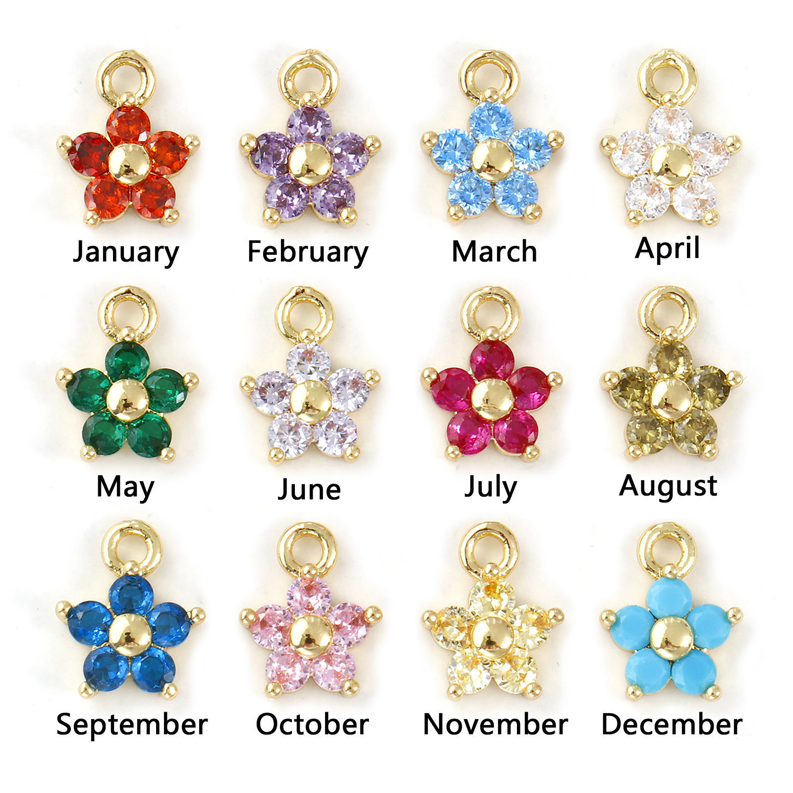 Imagen de 2 Unidades Latón (sin cadmio)+ Circón Artificial Piedra de Nacimiento Colgantes Chapado en Oro de 18K Flor Mini 10mm x 8mm