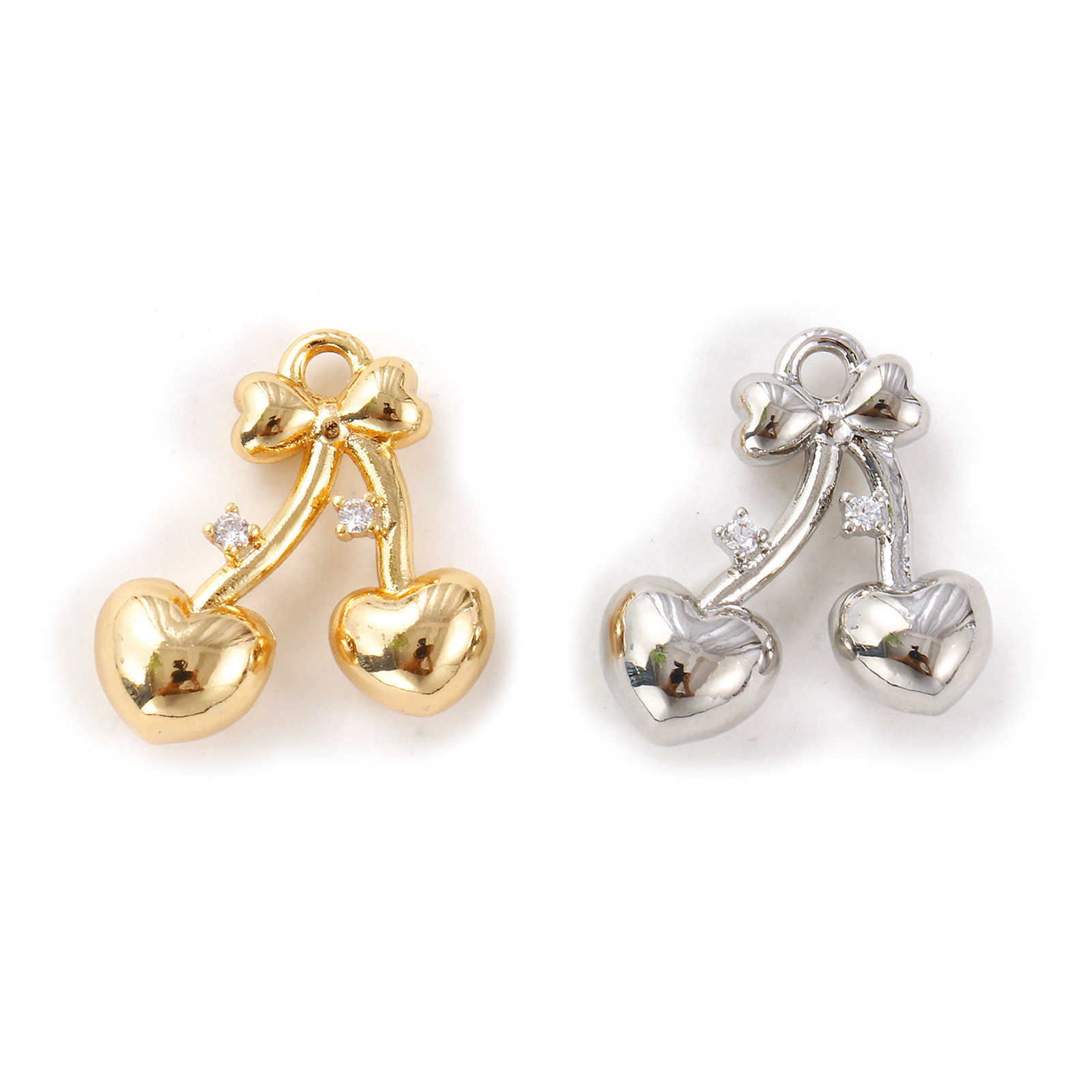 Picture of Eco-friendly Brass Valentine's Day Charms Real Gold Plated Cherry Fruit Heart 3D Clear Cubic Zirconia 16mm x 15mm