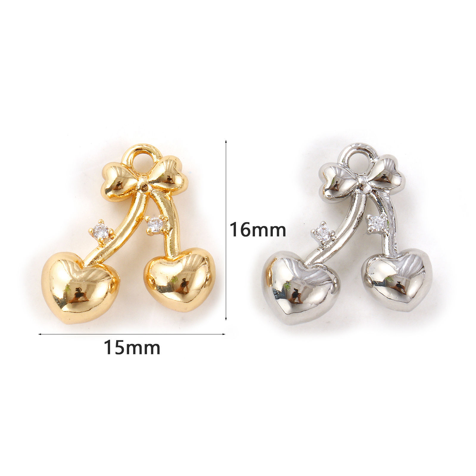 Picture of Eco-friendly Brass Valentine's Day Charms Real Gold Plated Cherry Fruit Heart 3D Clear Cubic Zirconia 16mm x 15mm