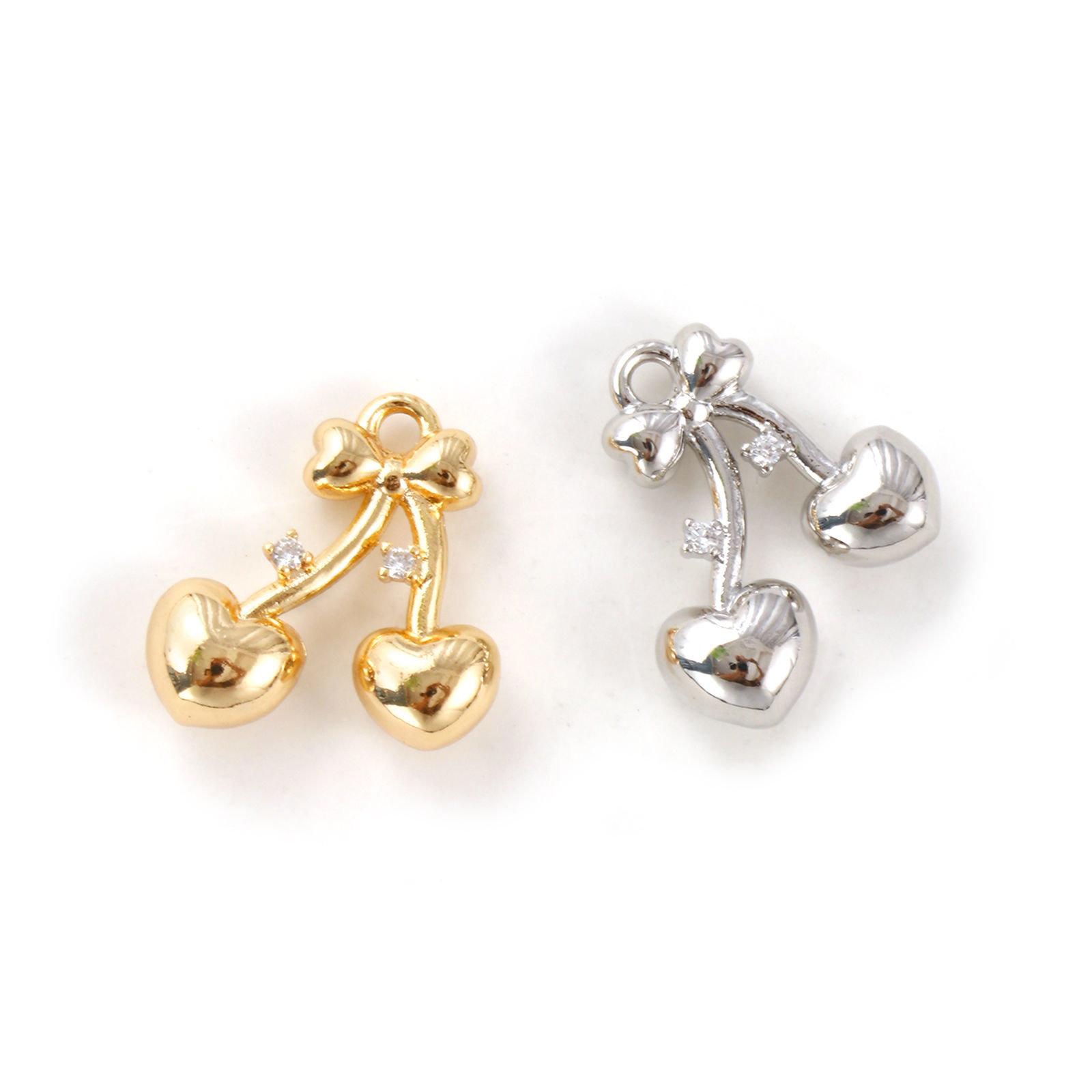 Picture of Eco-friendly Brass Valentine's Day Charms Real Gold Plated Cherry Fruit Heart 3D Clear Cubic Zirconia 16mm x 15mm