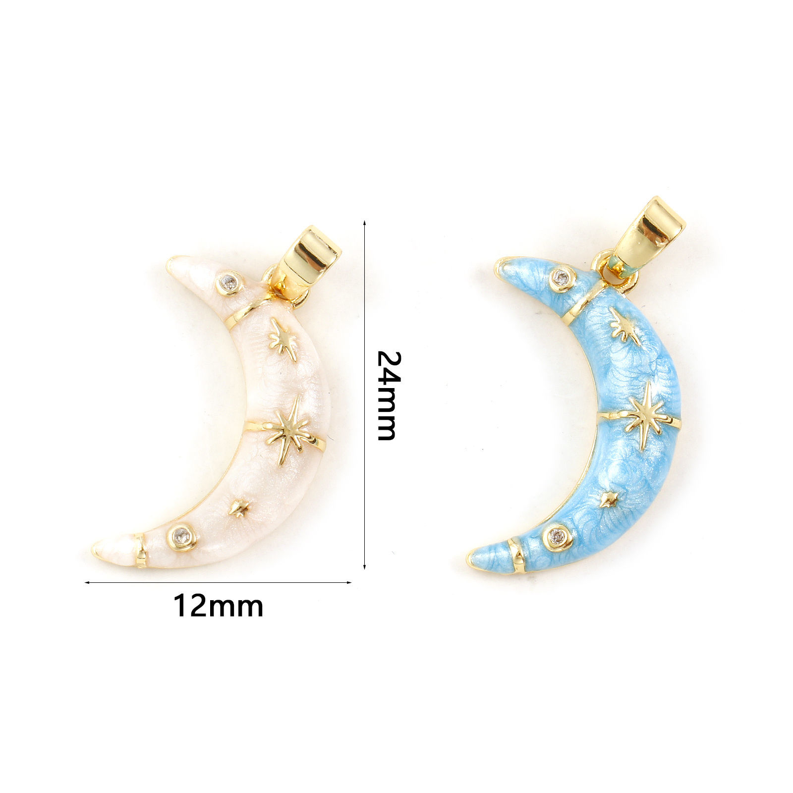 Изображение 2 ШТ Экологичный Латунь галактика Подвески 18K настоящее золото с покрытием С Эмалью Луна половина Звезда Перлитный Прозрачный Искусственный Циркон 24мм x 12мм