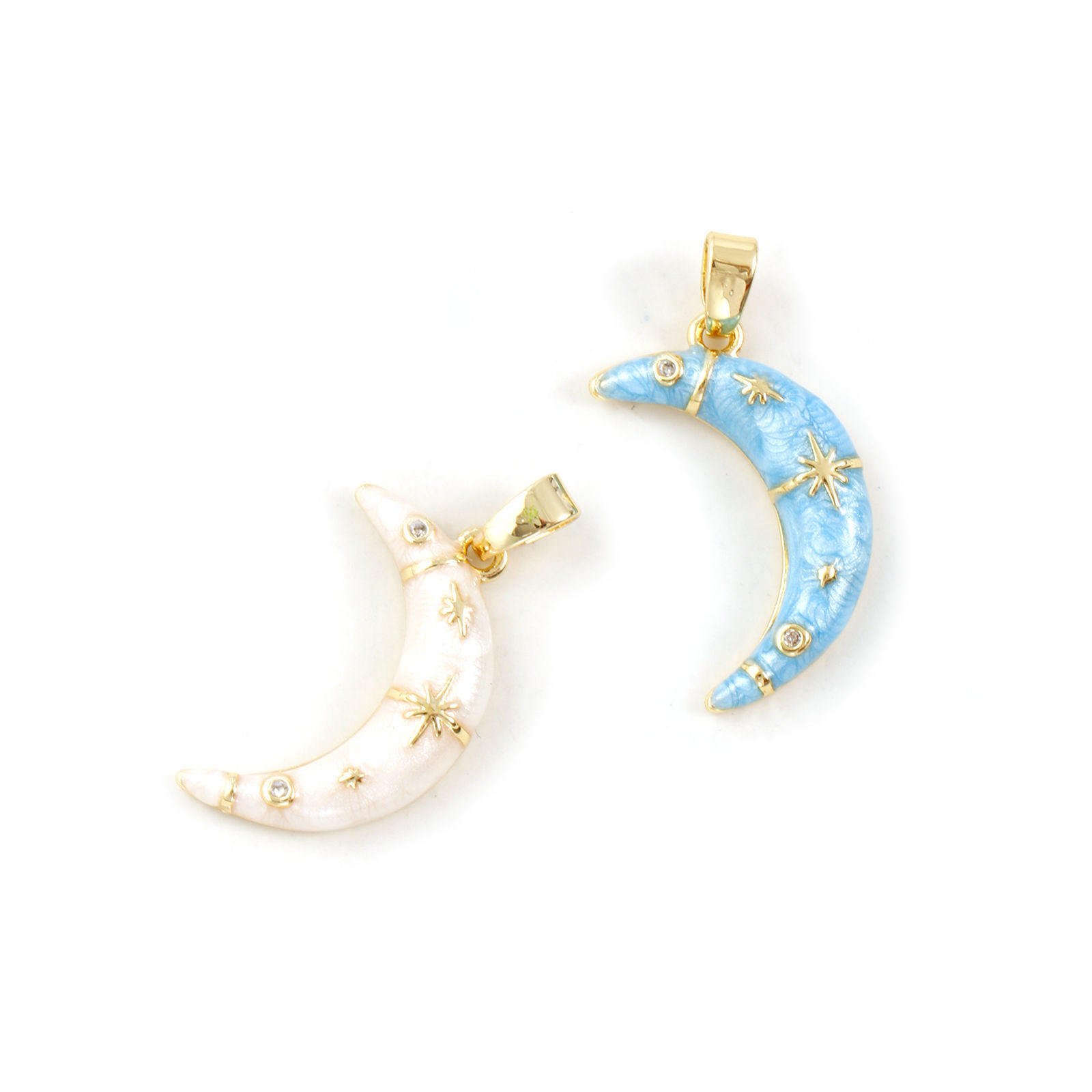 Изображение 2 ШТ Экологичный Латунь галактика Подвески 18K настоящее золото с покрытием С Эмалью Луна половина Звезда Перлитный Прозрачный Искусственный Циркон 24мм x 12мм