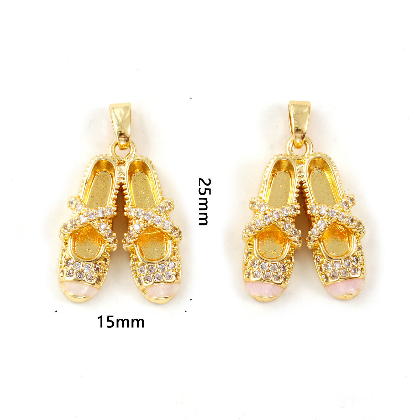 Picture of Eco-friendly Brass Clothes Charm Pendant 18K Real Gold Plated Enamel Ballet Shoes Pearlized Clear Cubic Zirconia 25mm x 15mm