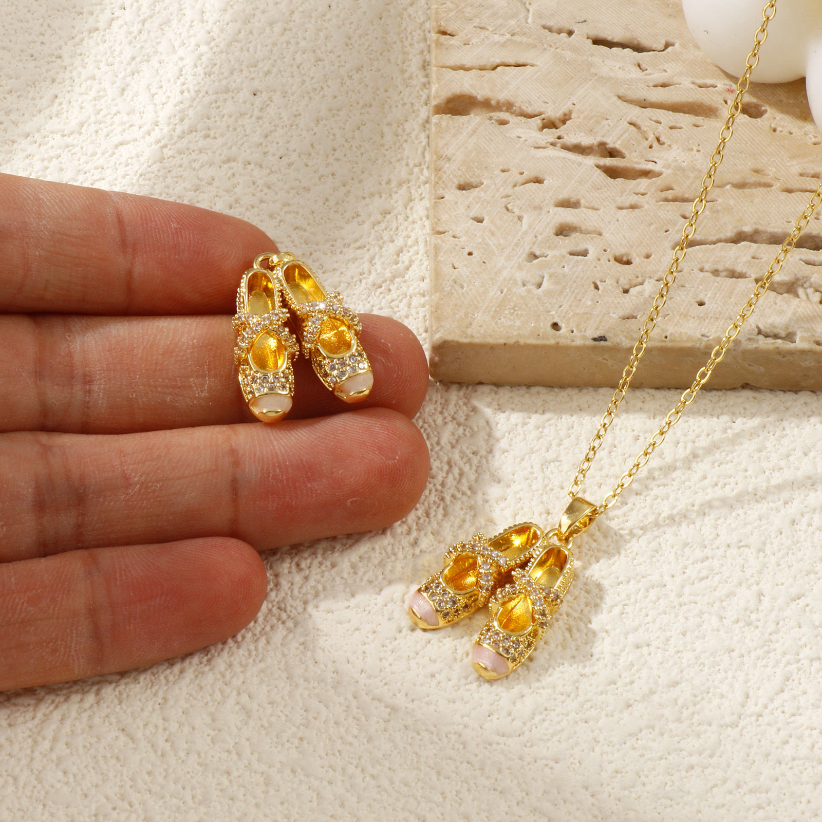 Picture of Eco-friendly Brass Clothes Charm Pendant 18K Real Gold Plated Enamel Ballet Shoes Pearlized Clear Cubic Zirconia 25mm x 15mm