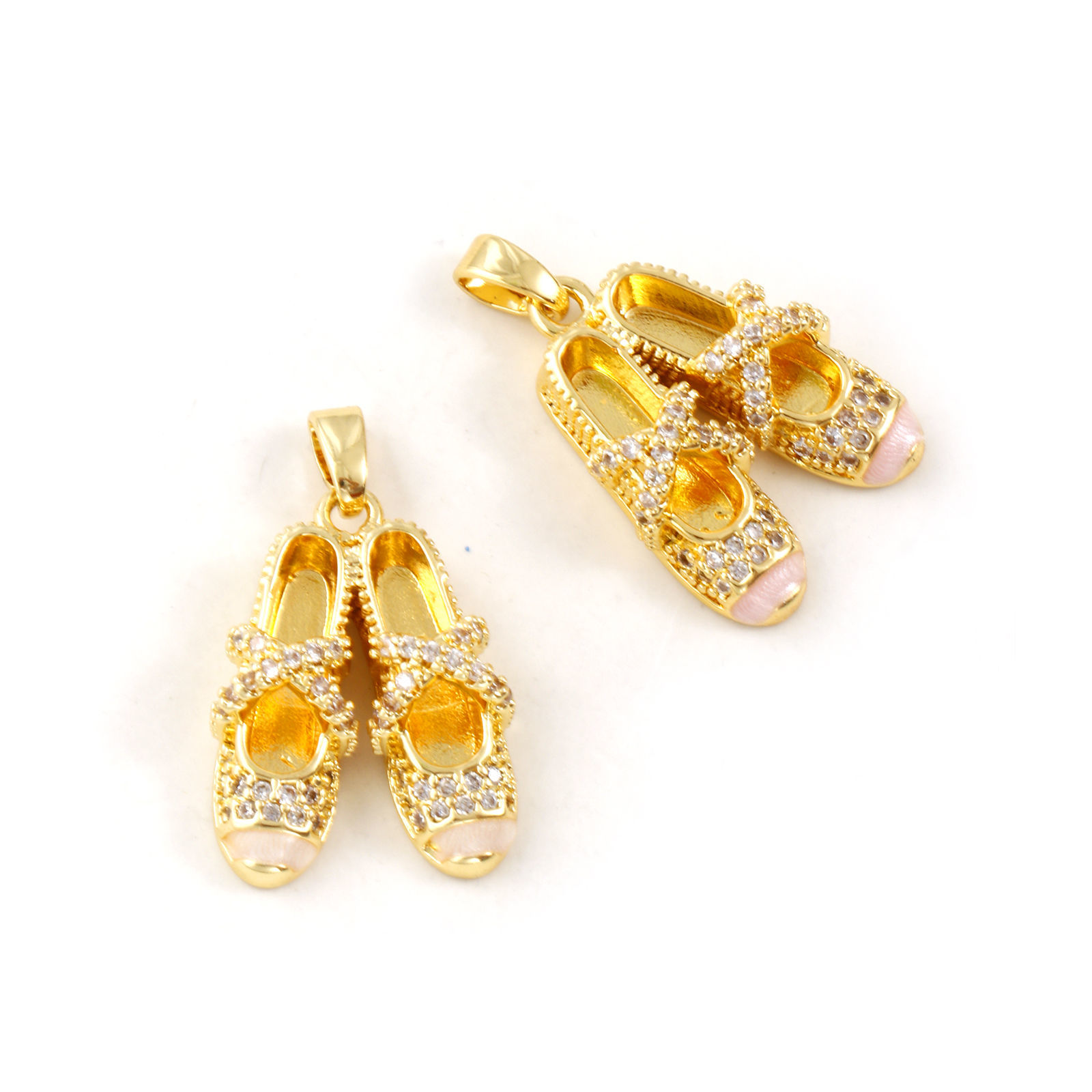 Picture of Eco-friendly Brass Clothes Charm Pendant 18K Real Gold Plated Enamel Ballet Shoes Pearlized Clear Cubic Zirconia 25mm x 15mm