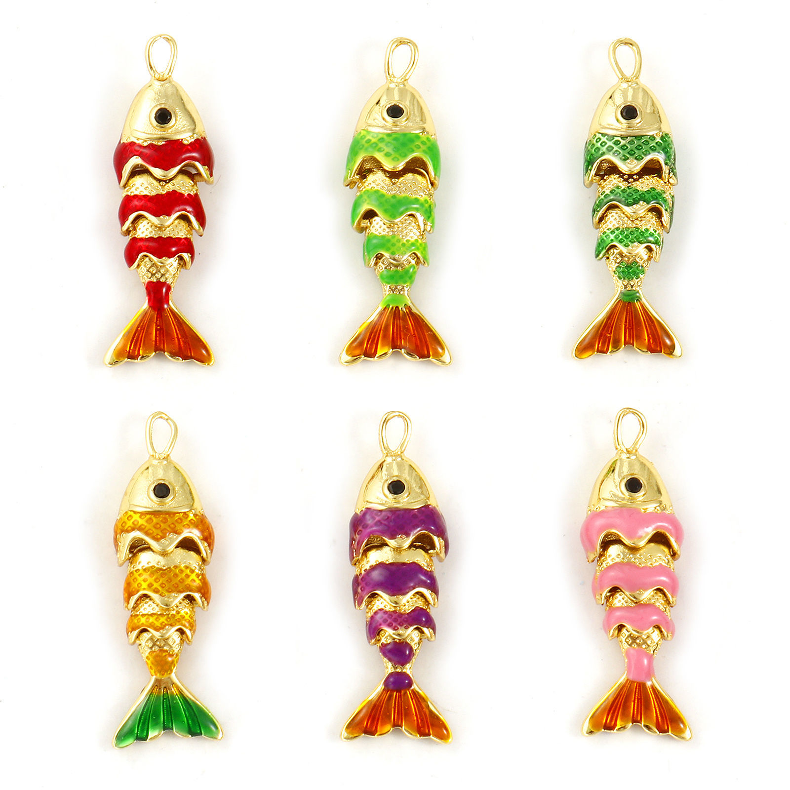 Picture of Brass Ocean Jewelry Charms 18K Gold Plated Enamel Fish Animal 3D Movable Black Cubic Zirconia 28mm x 9mm