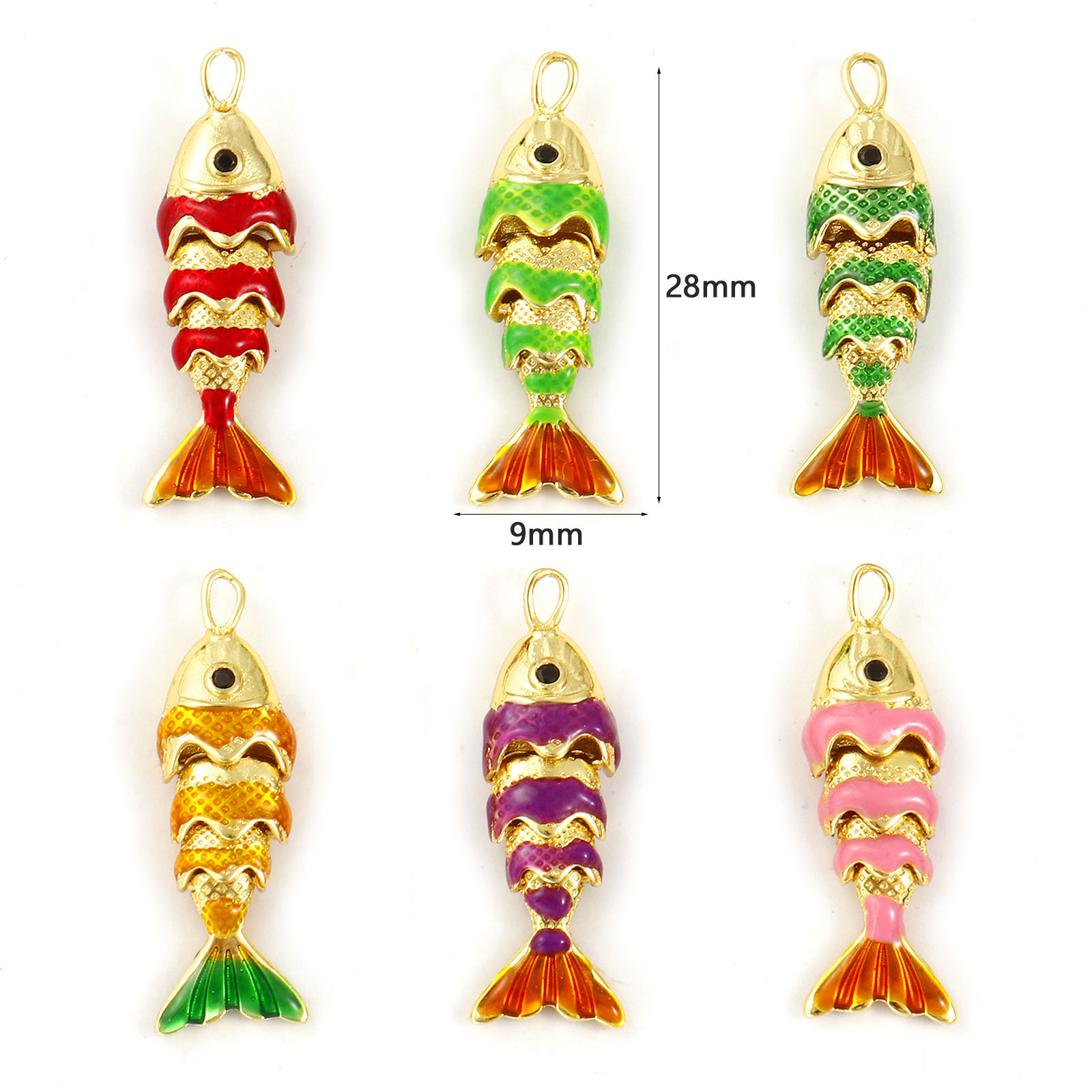 Picture of Brass Ocean Jewelry Charms 18K Gold Plated Enamel Fish Animal 3D Movable Black Cubic Zirconia 28mm x 9mm