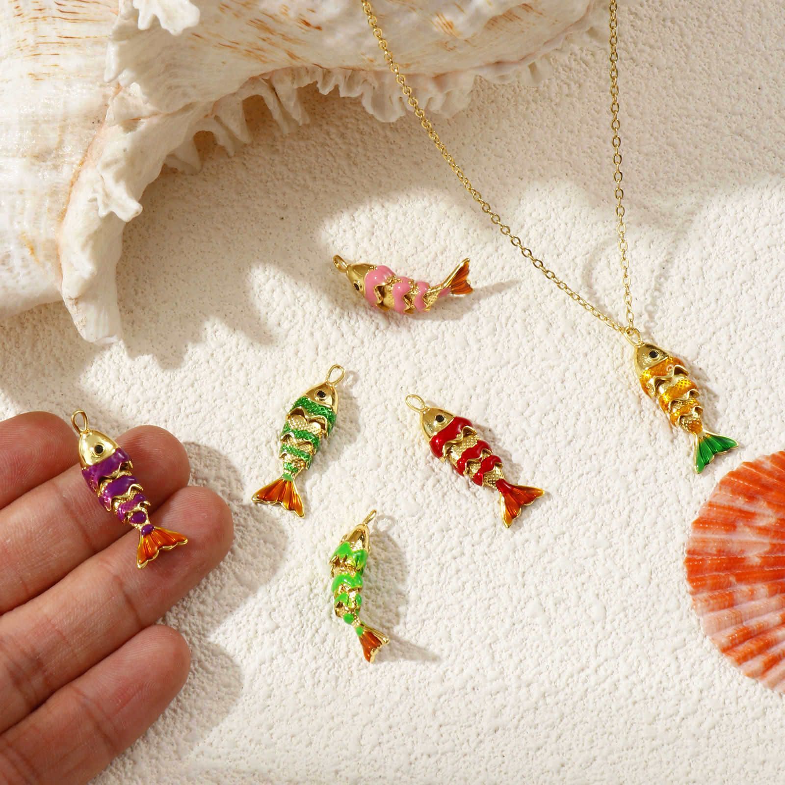 Picture of Brass Ocean Jewelry Charms 18K Gold Plated Enamel Fish Animal 3D Movable Black Cubic Zirconia 28mm x 9mm