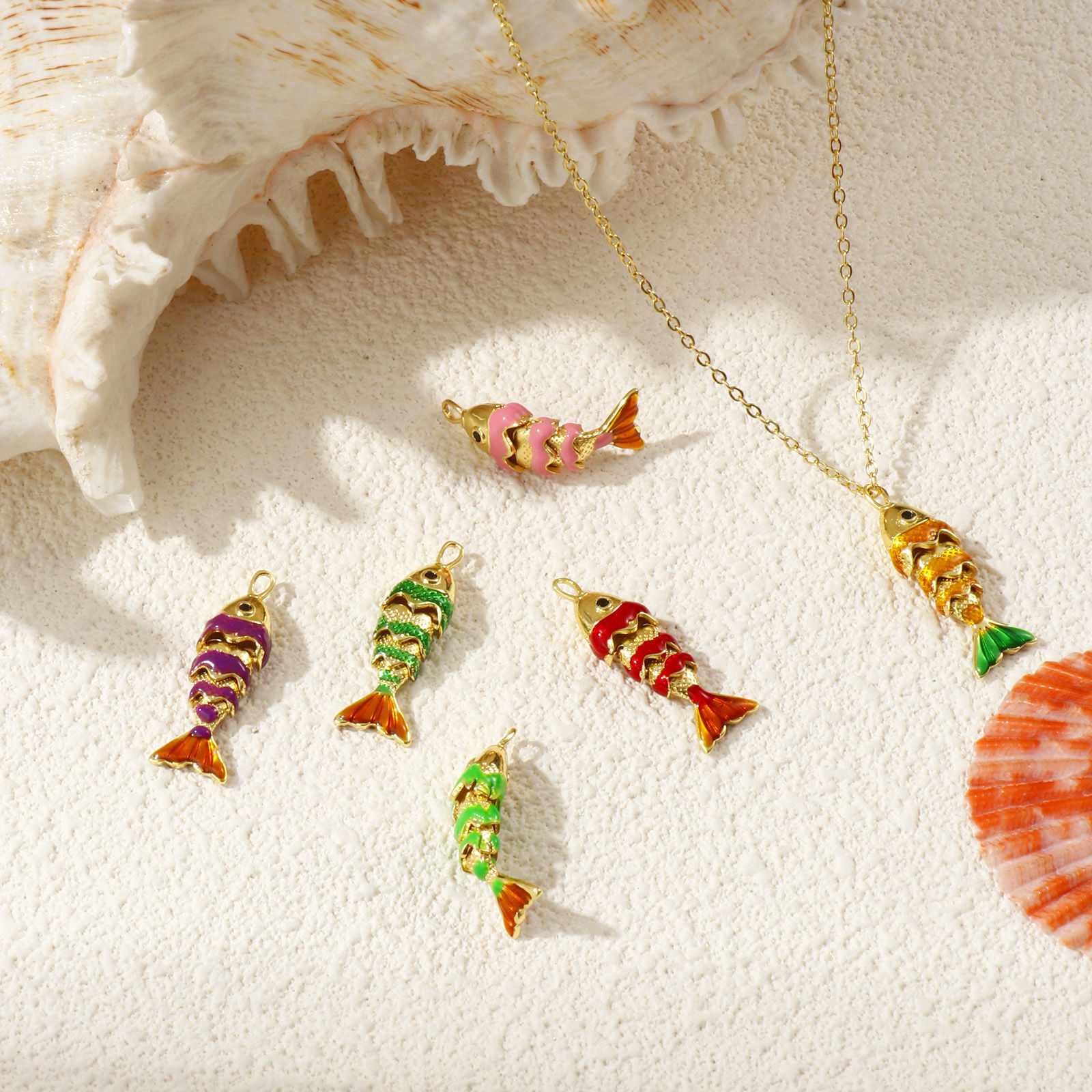 Picture of Brass Ocean Jewelry Charms 18K Gold Plated Enamel Fish Animal 3D Movable Black Cubic Zirconia 28mm x 9mm